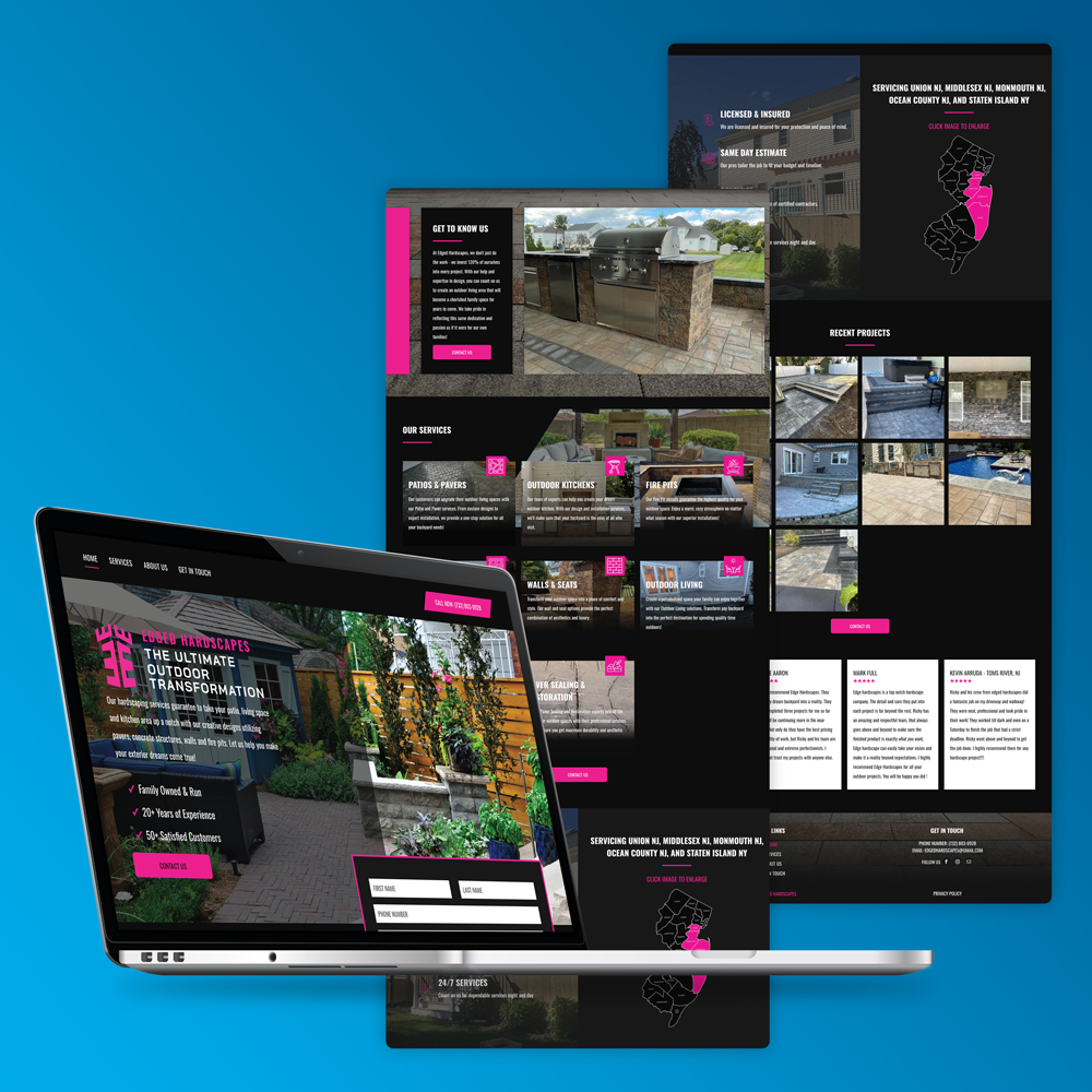 A laptop and a tablet are displaying a website on a blue background.