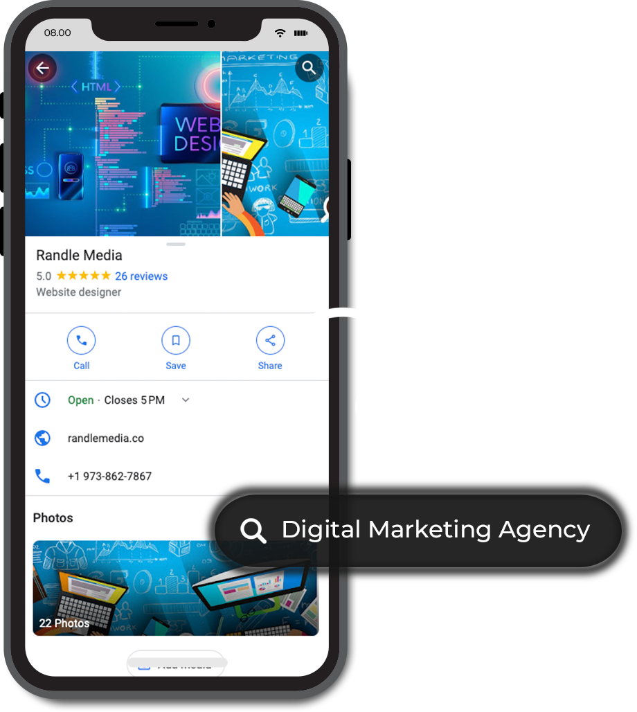 A phone with a digital marketing agency Randle Media app on it.