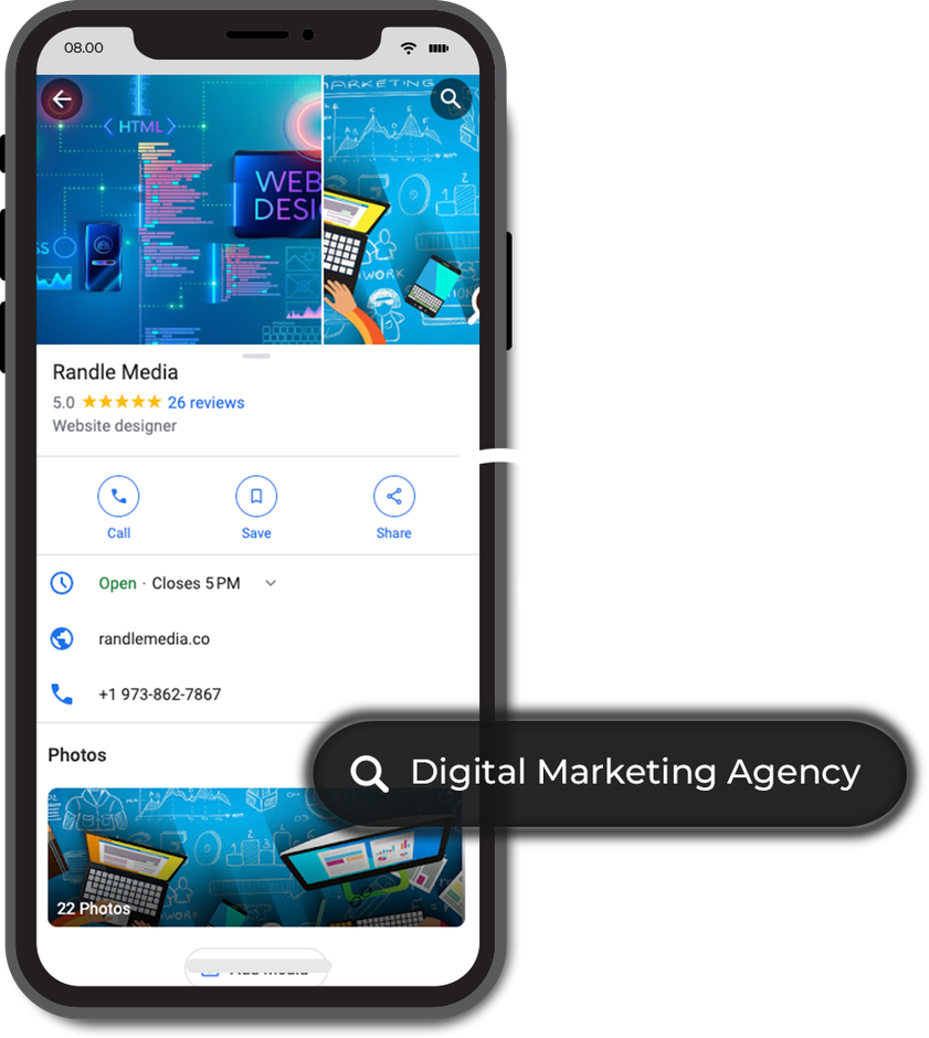 A phone with a digital marketing agency Randle Media app on it.