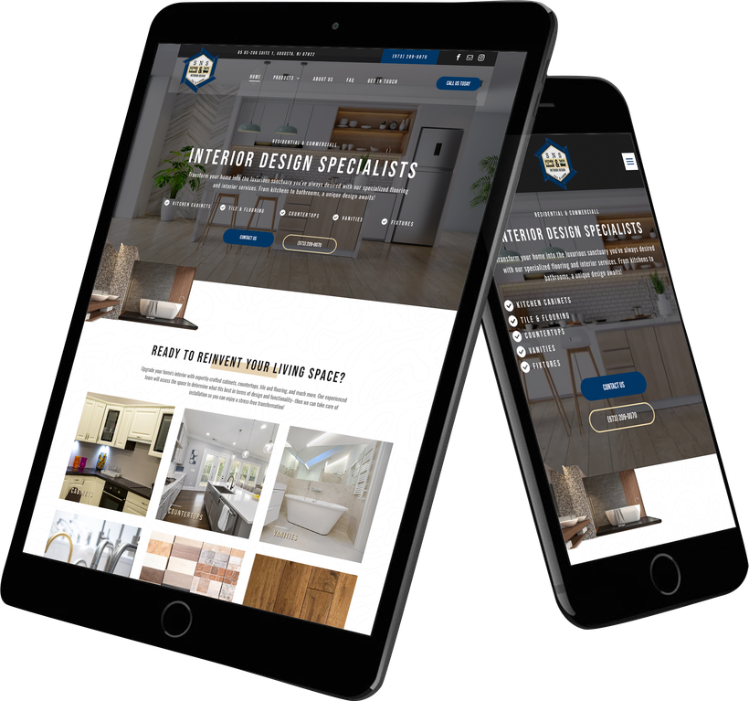 A tablet and a cell phone are displaying a website for interior design specialists.