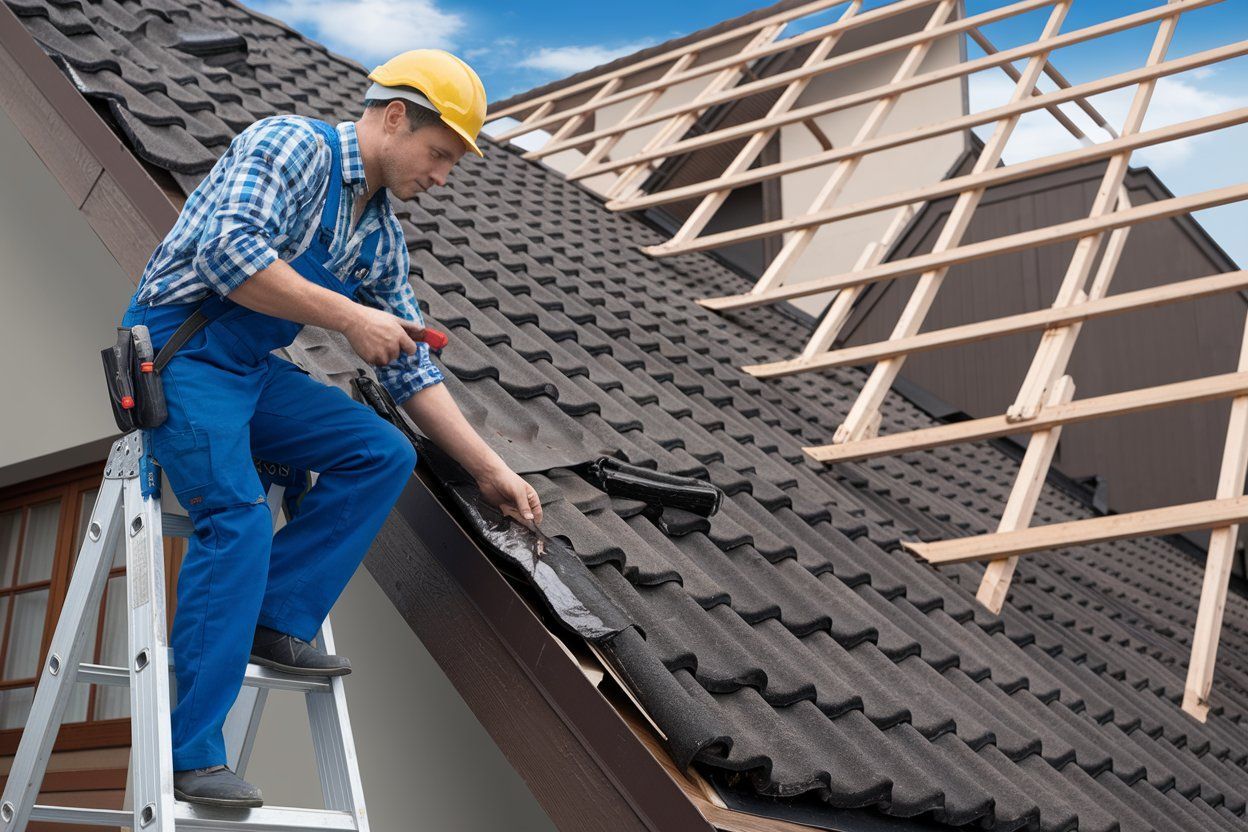 A man is standing on a ladder working on a roof.