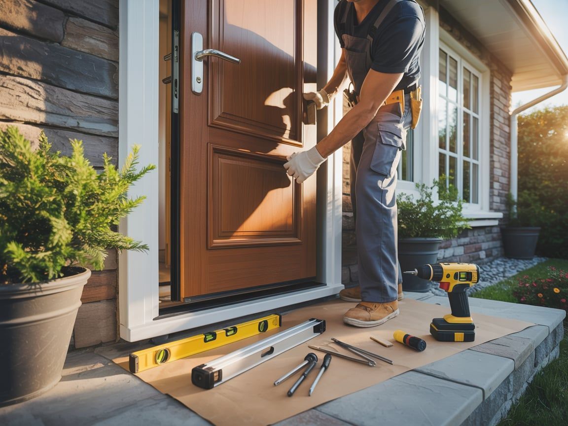 A person installing a brown front door on a house exterior. Tools are laid out on the step.