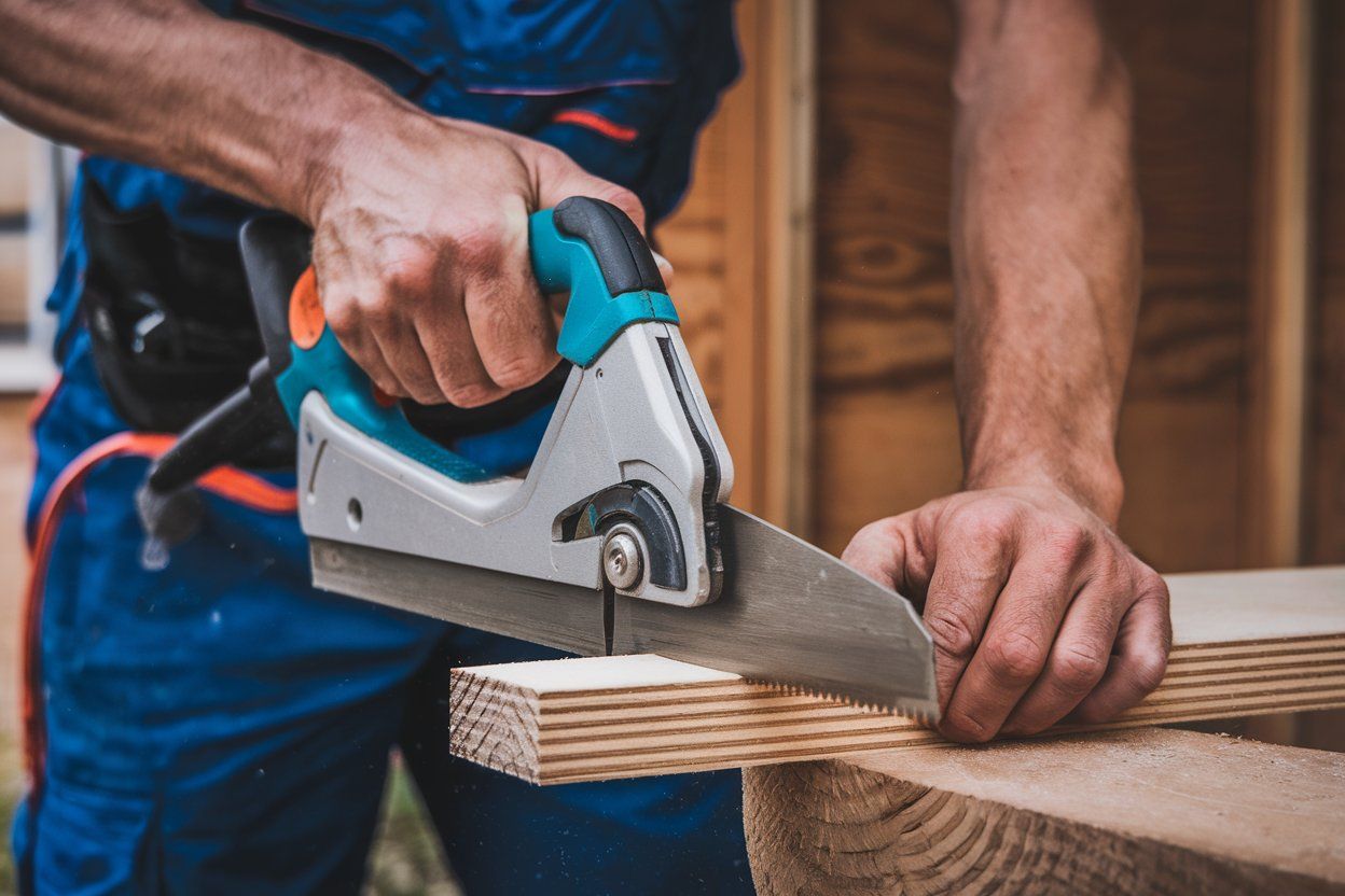 A man is cutting a piece of wood with a saw.