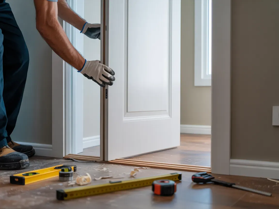 Person installing a white door in a room, with tools visible on the floor.