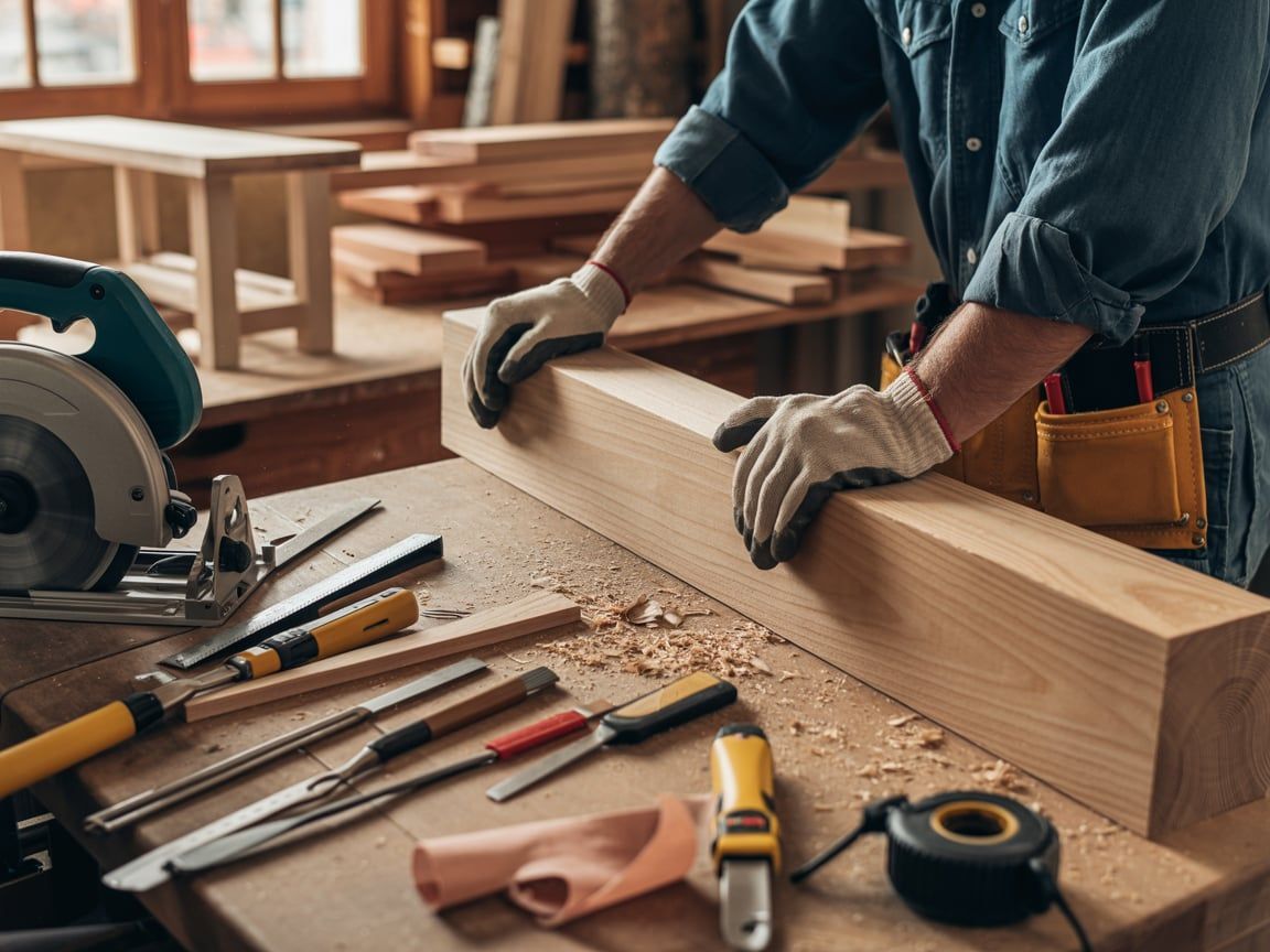 Carpenter working with wood, tools on table in workshop.