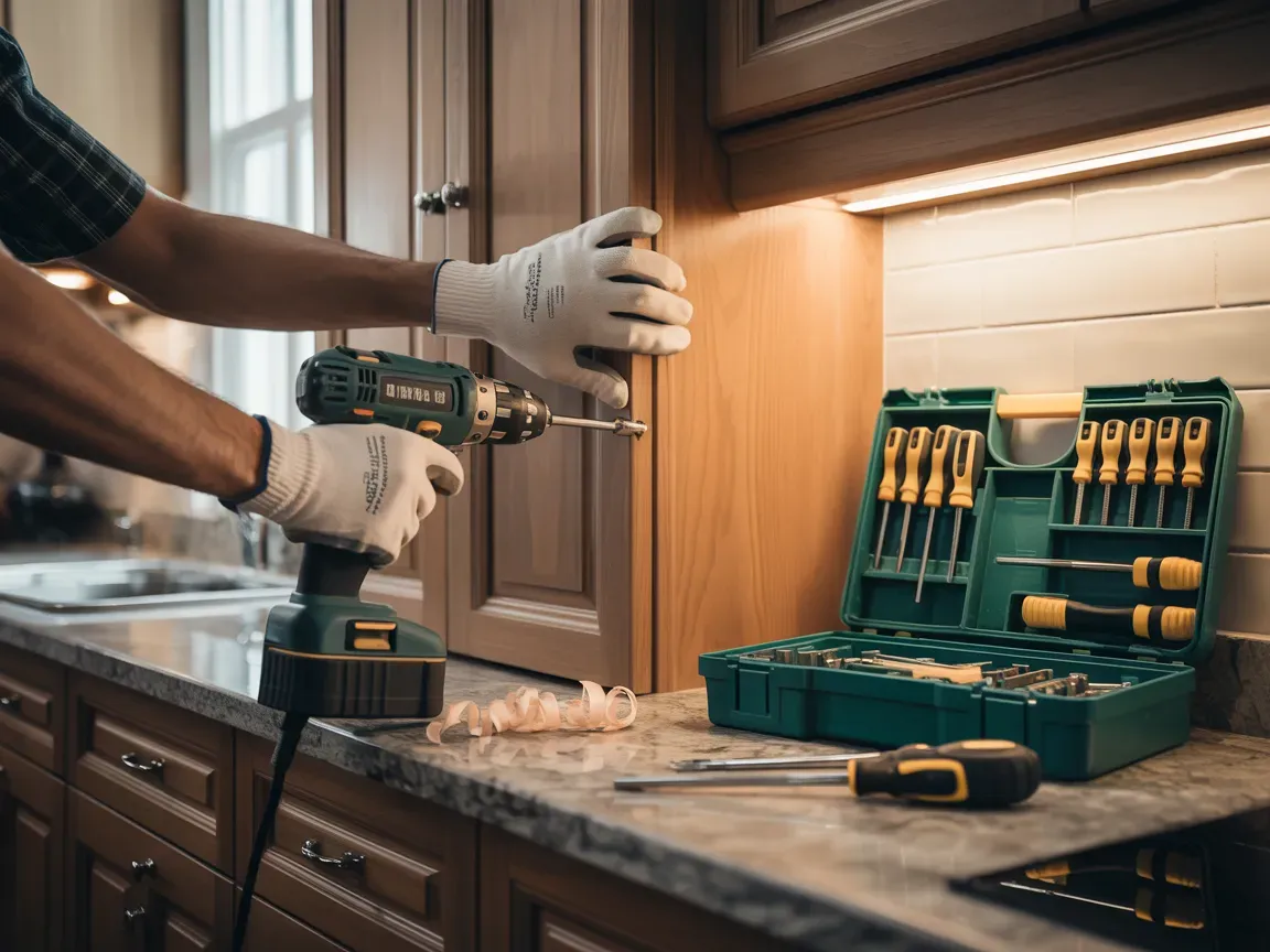 Person wearing gloves using a drill to install a cabinet door in a kitchen, with a toolbox nearby.