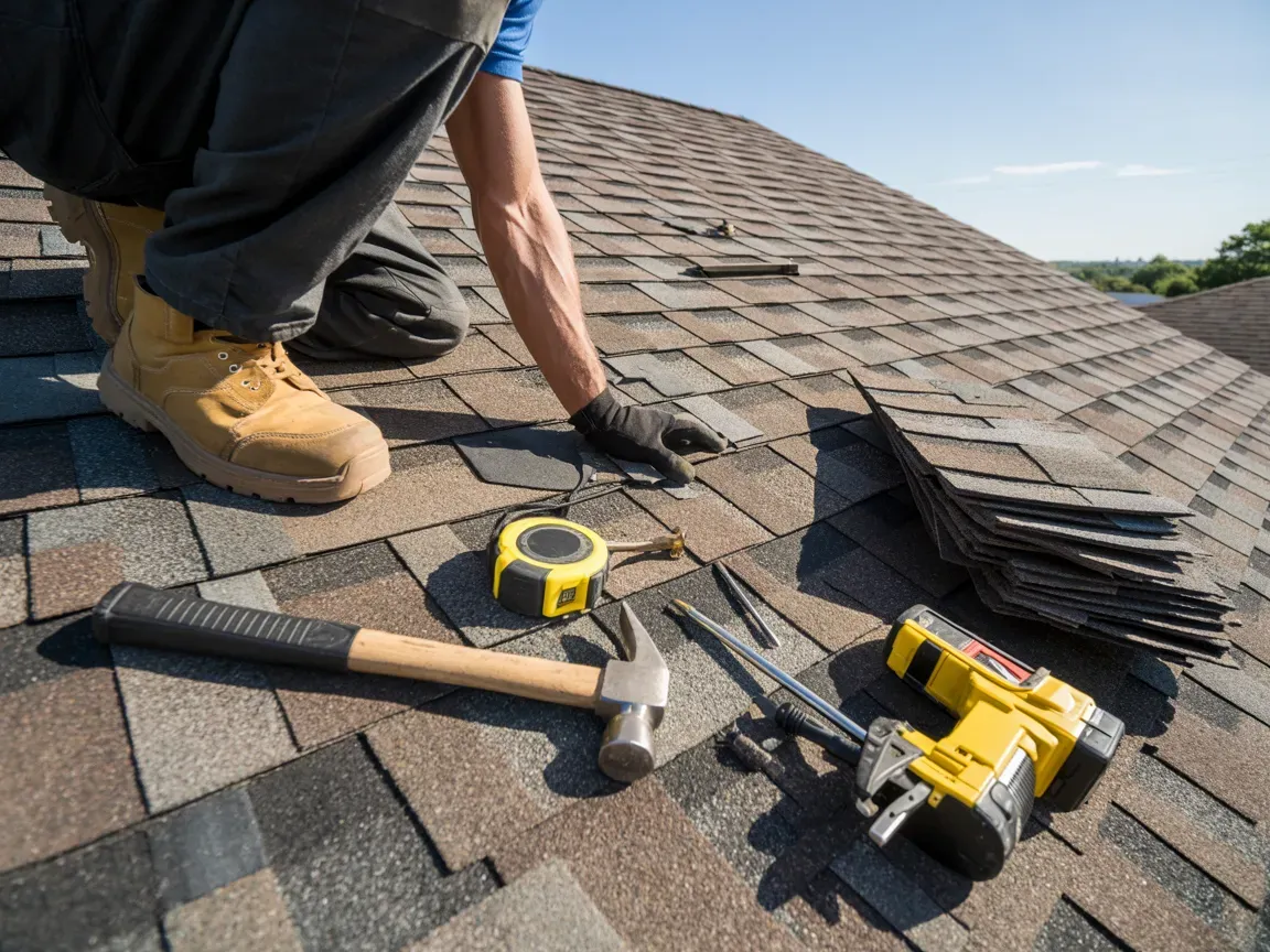 Roofer kneeling on roof, using tools to repair shingles on a sunny day.