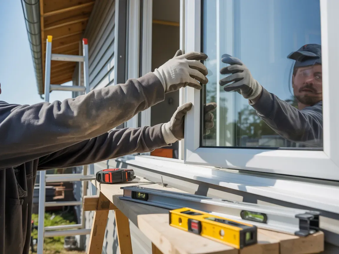 Person installing a white window in a house, using tools on a wooden platform.