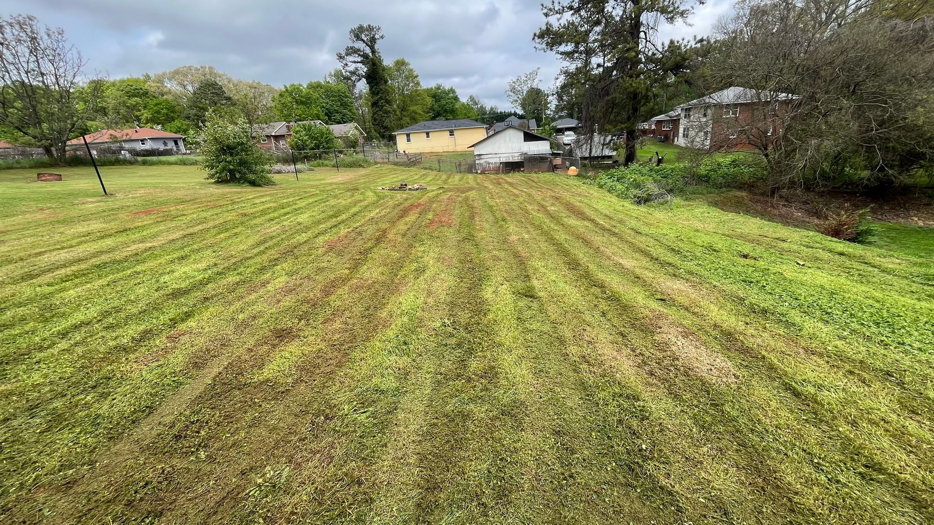 Lush green field with cut paths, houses in the background under a cloudy sky.