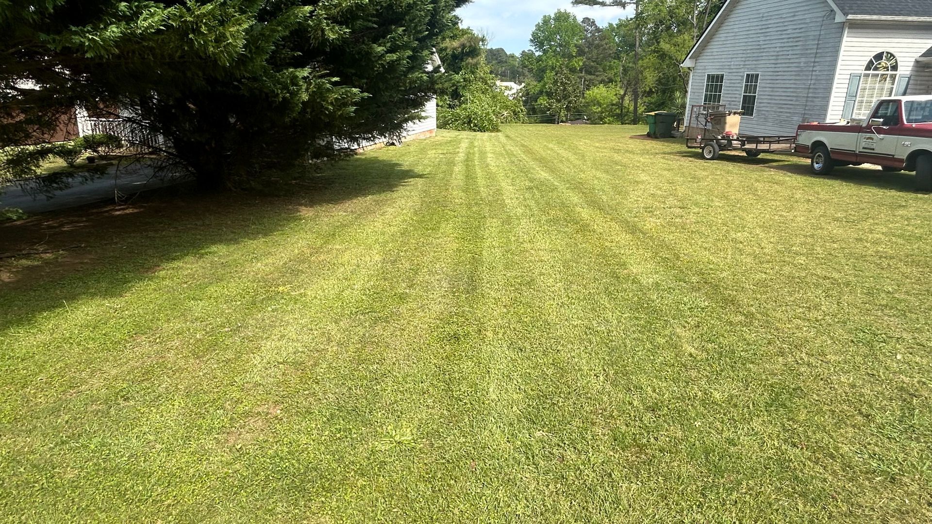 Lawn with mowed stripes, a tree, a house, and a pickup truck. Sunny day.