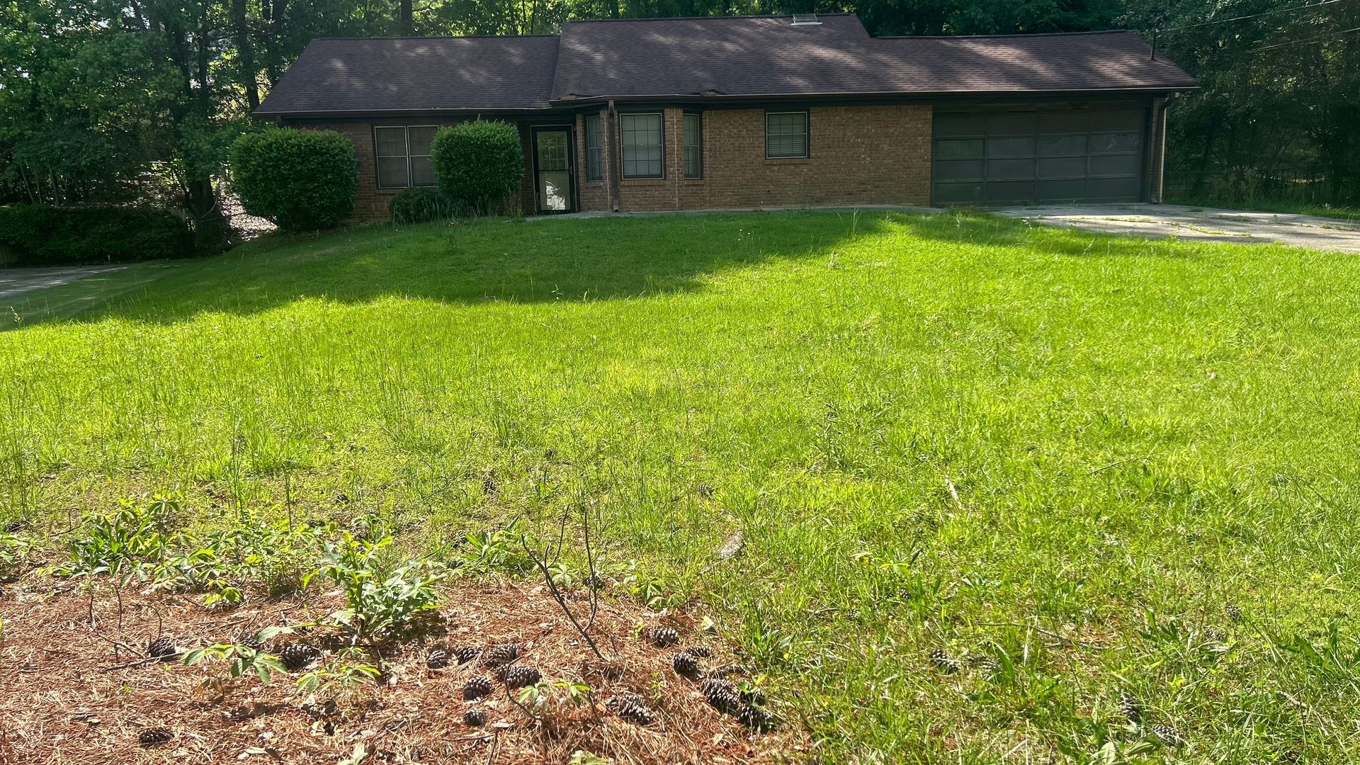 Brick house with overgrown green lawn, brown roof, and attached garage.