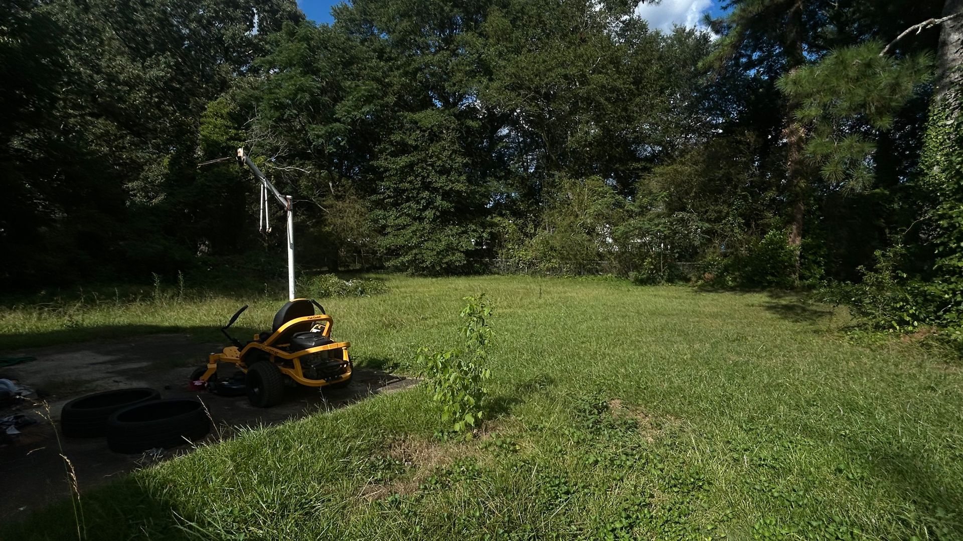 Grassy yard with trees in the background, a small tractor, and a tire. Overcast, sunny sky.