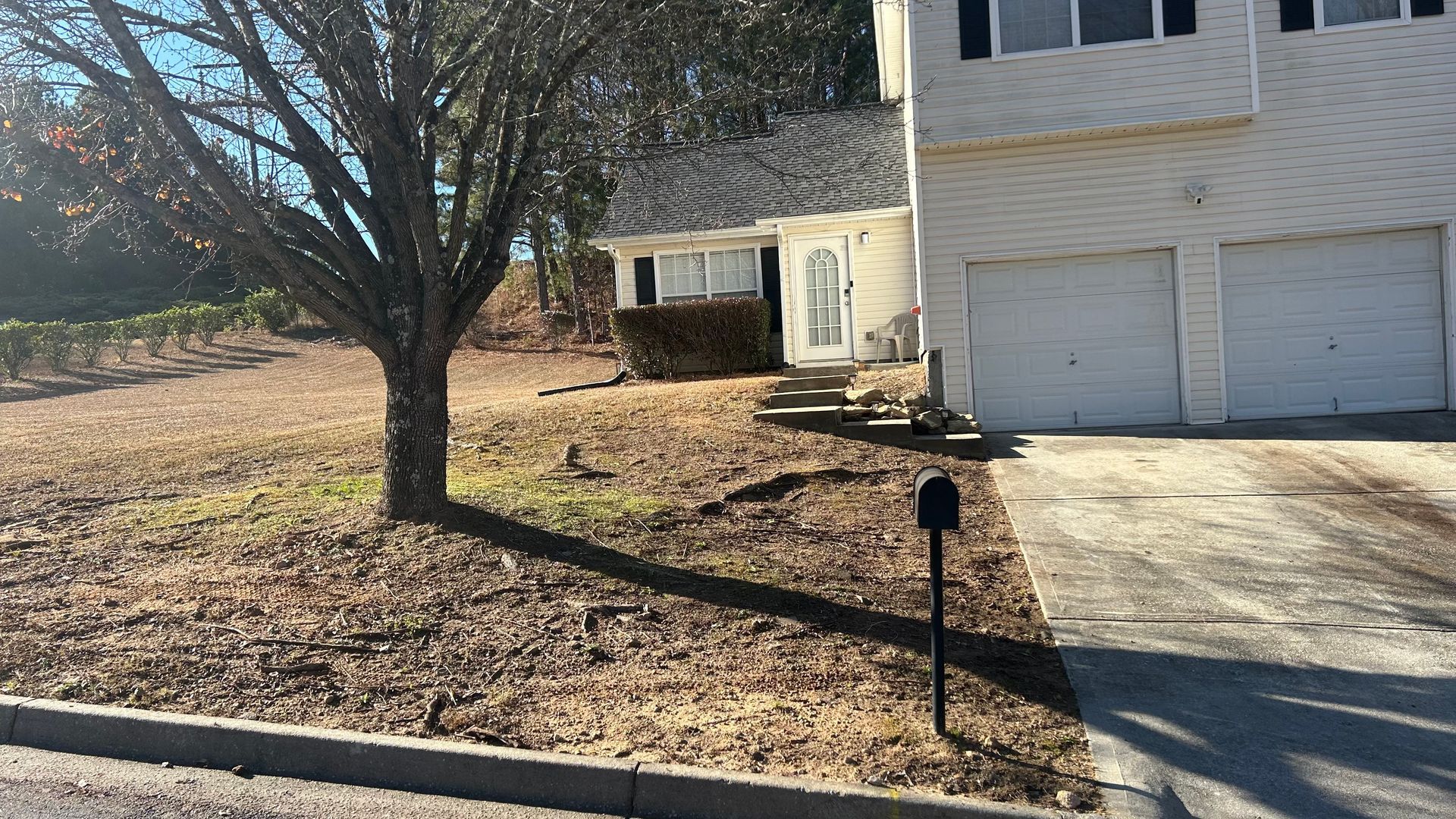 A two-story house with a two-car garage next to a yard with a bare tree and small shrubs.