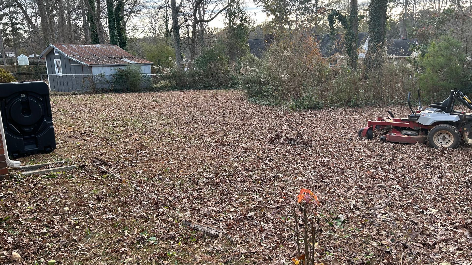 Yard covered in leaves with a riding mower, shed, and archery target.