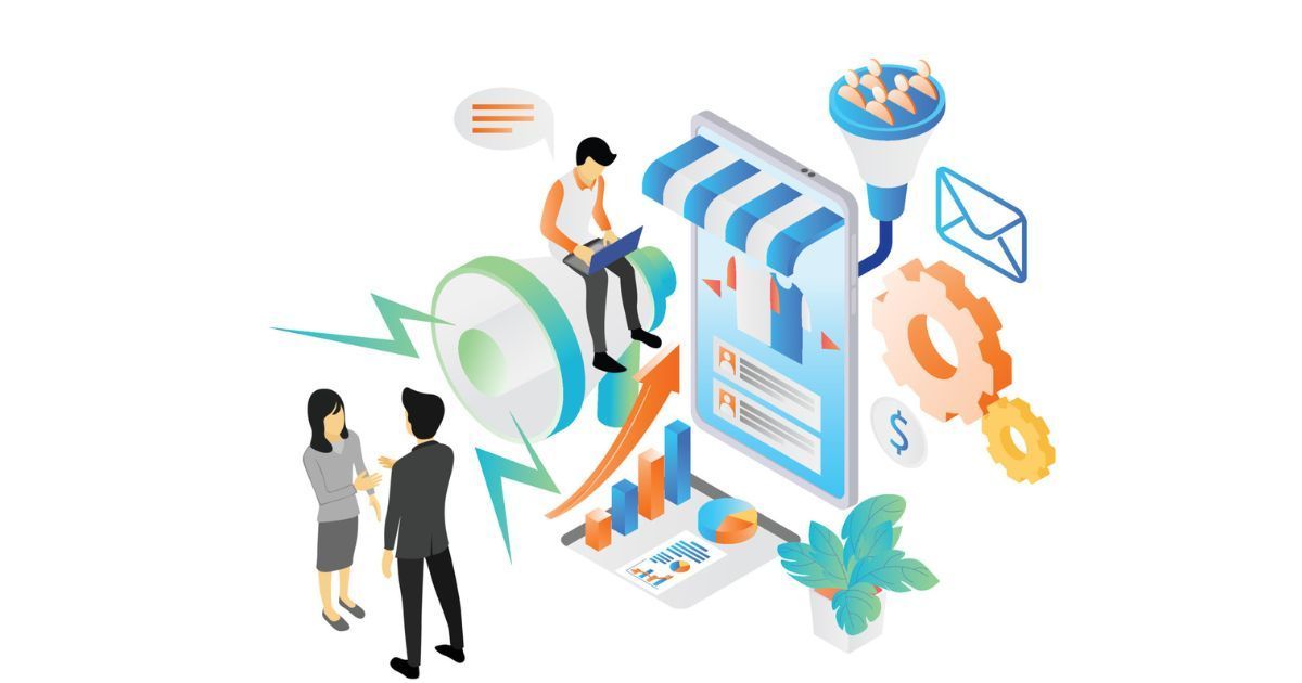 Blue graphic of AI and data analysis elements inside a magnifying glass.
