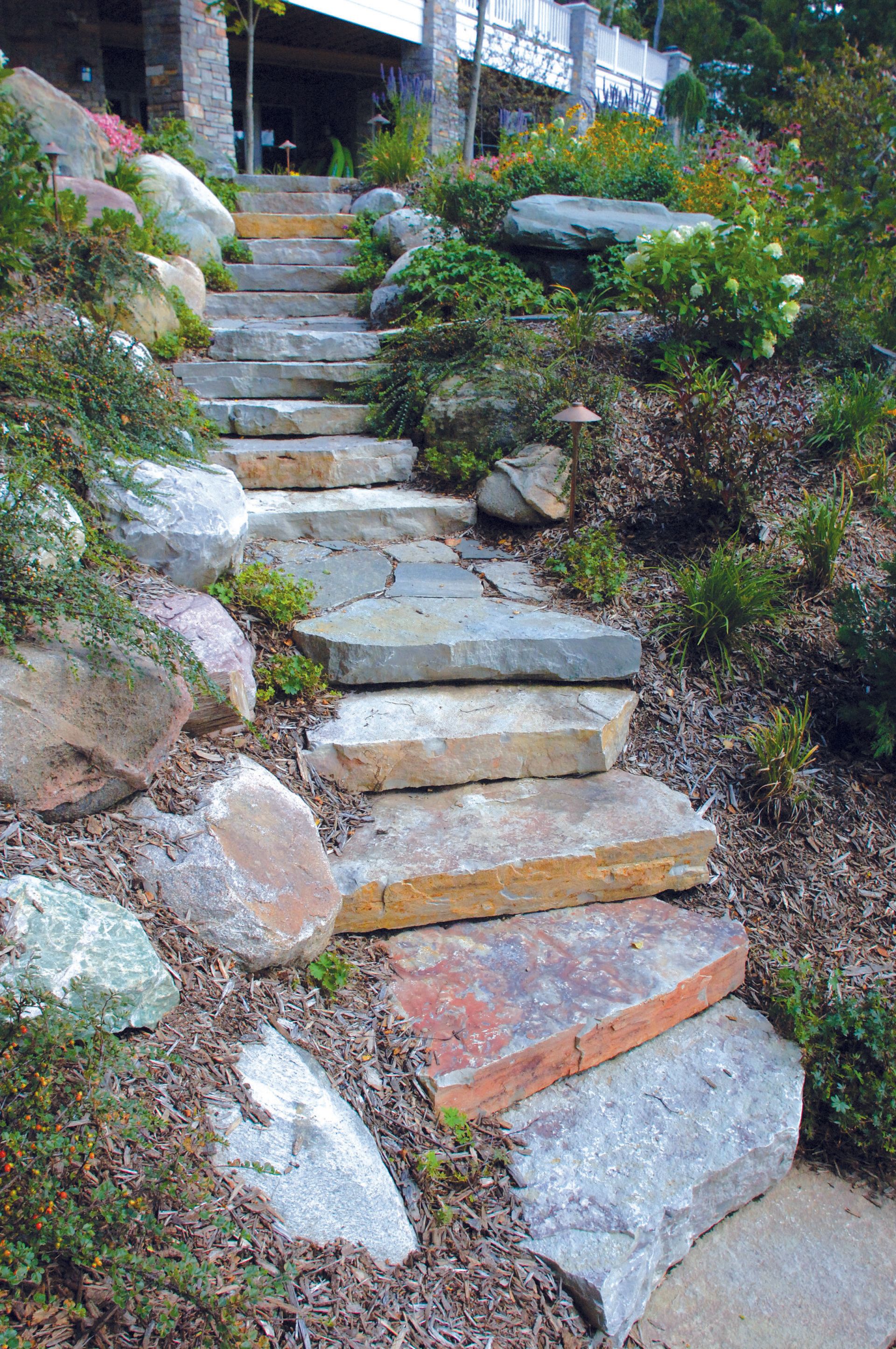 A set of stone stairs leading up to a house surrounded by rocks and plants.
