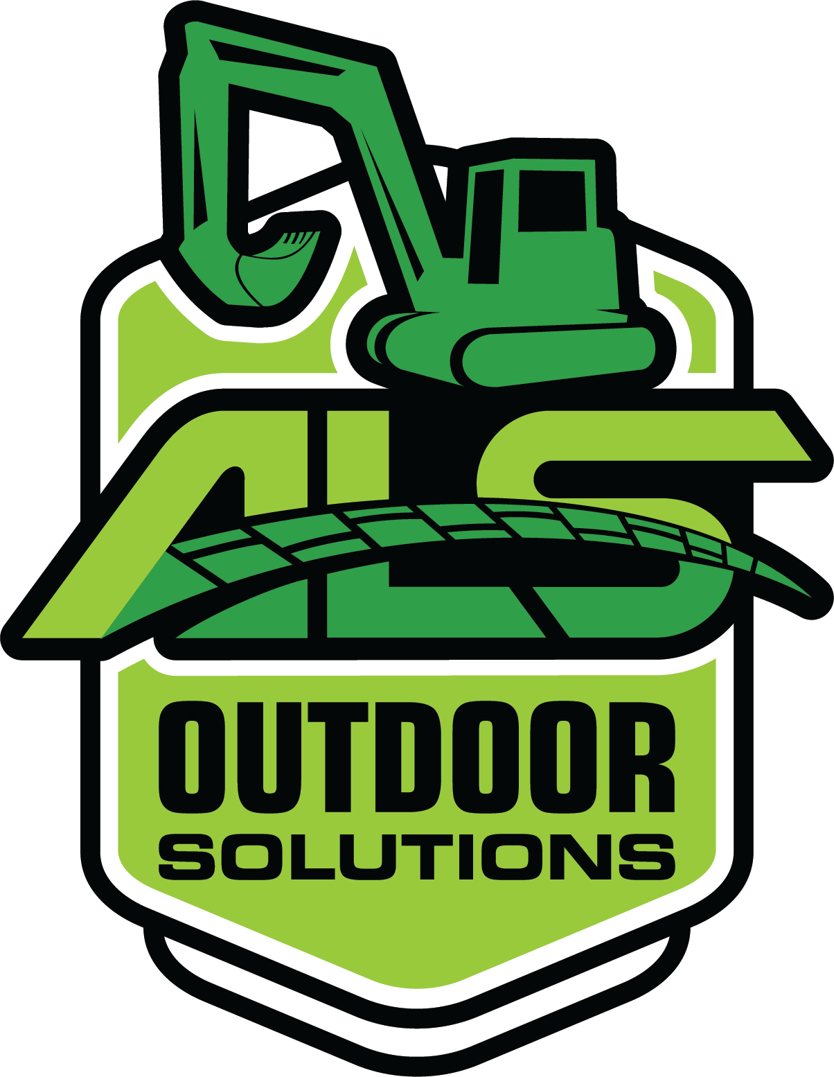 A green excavator is sitting on top of a green shield.