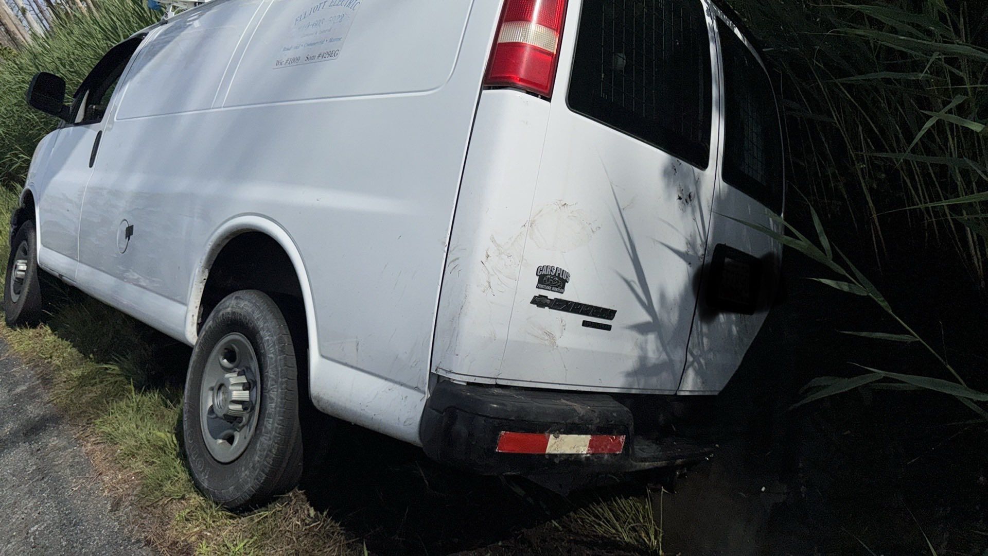 White van parked off-road, rear end visible. Black bumper, red taillights, tall grass beside it.