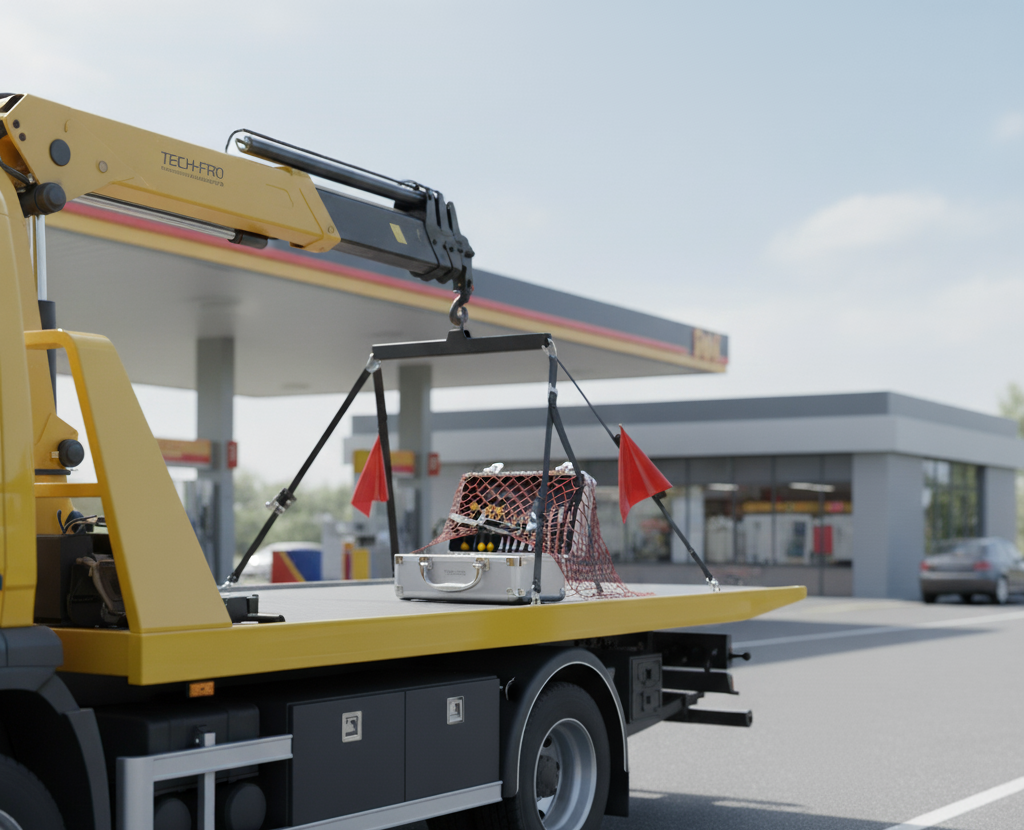 Yellow tow truck lifting object from flatbed at gas station.