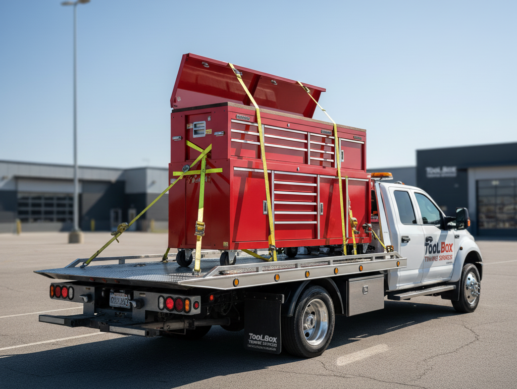 Red toolbox secured on a flatbed tow truck outdoors on a sunny day.