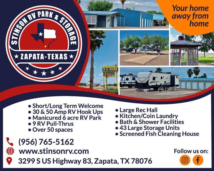 Advertisement for Stinson RV Park & Storage in Zapata, Texas, offering RV hookups, storage, and amenities.