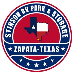 Logo for Stinson RV Park & Storage in Zapata, Texas, featuring the Texas state outline.