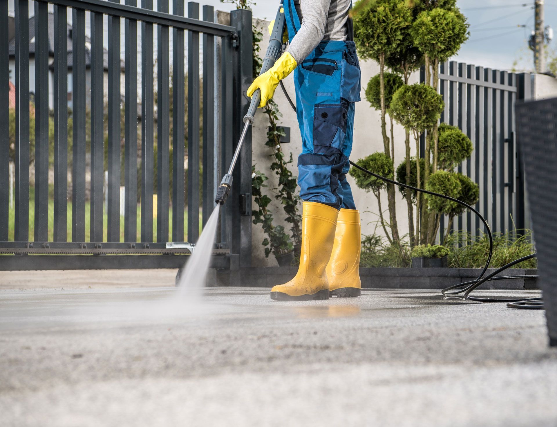Person power washing concrete with high-pressure sprayer, wearing yellow gloves and boots, near a gate.