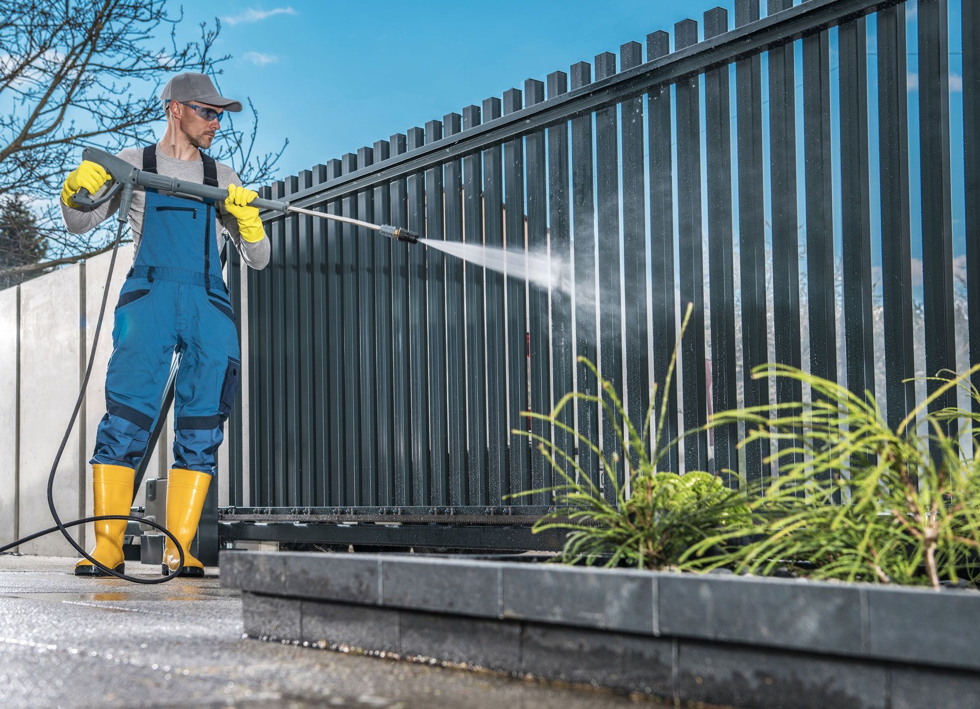 Man power washing a dark metal fence, wearing blue overalls and yellow gloves.