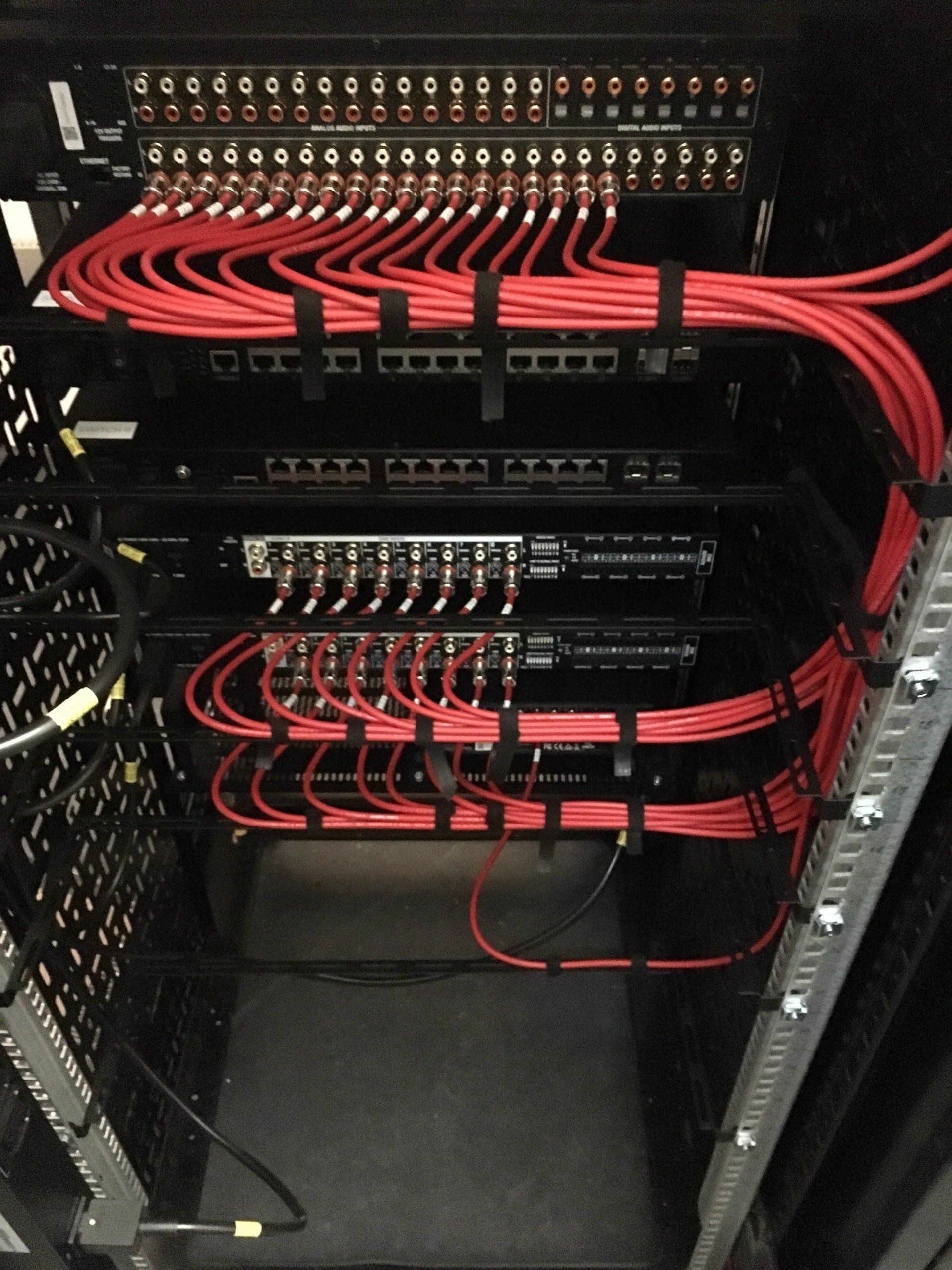 Photograph of lacing of HD coaxial cables in the audio rack