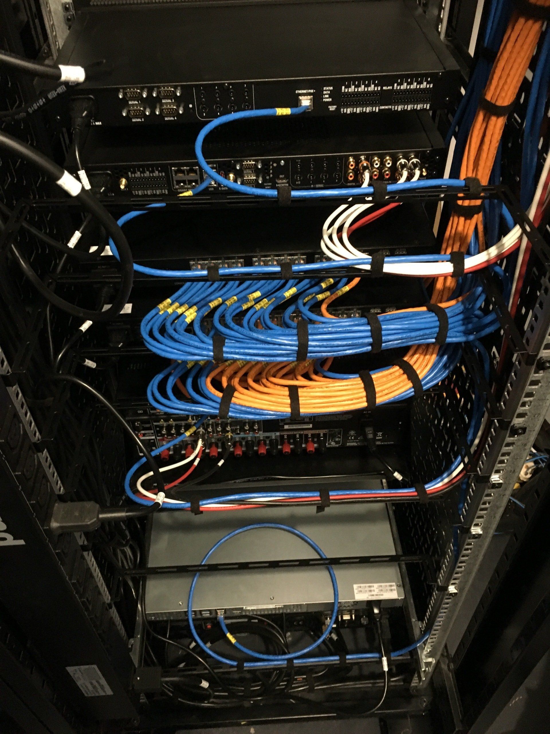 Photograph of lacing of category 6A cables in the control rack