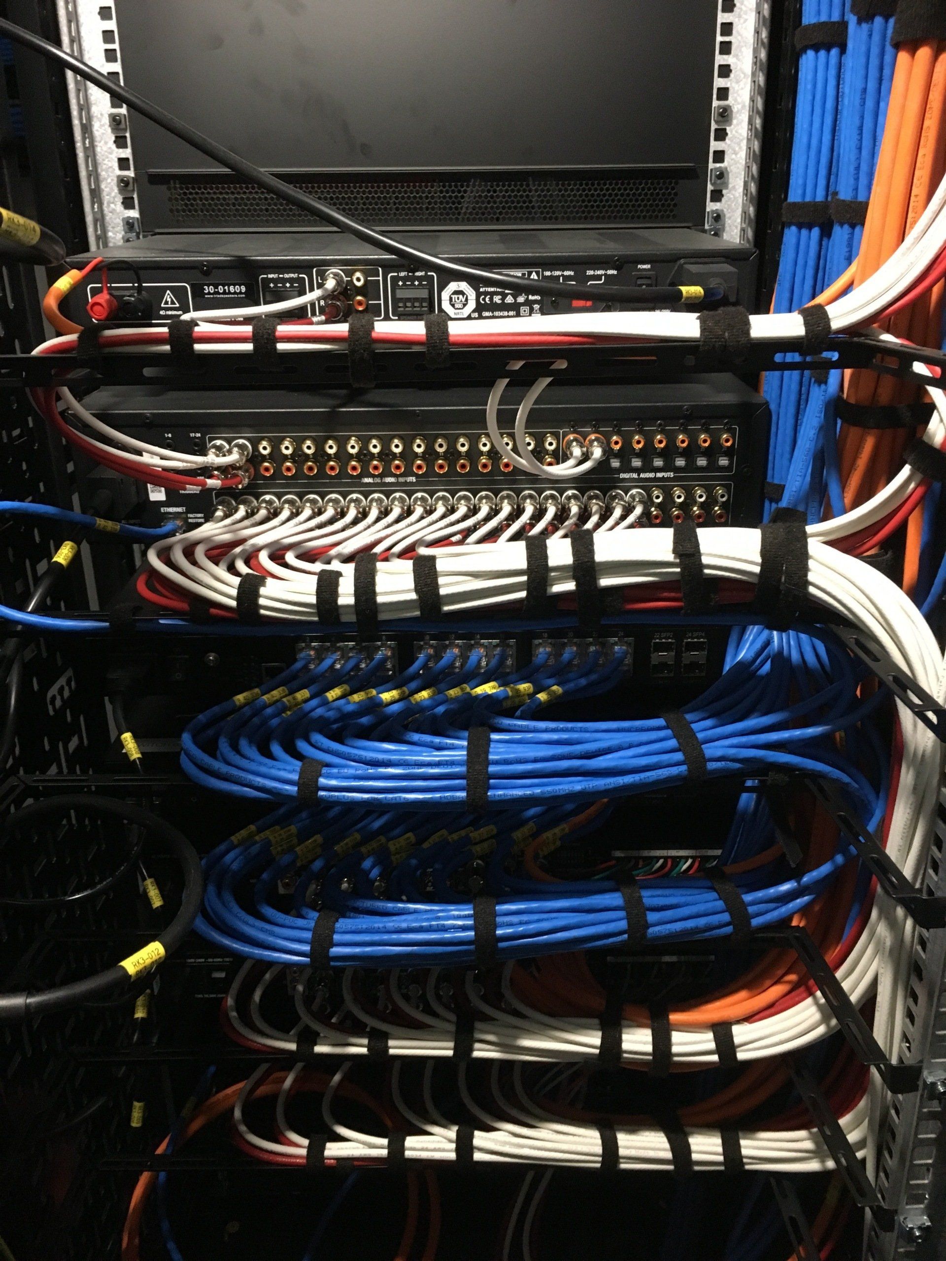 Photograph of lacing of category 6A cables in the audio rack
