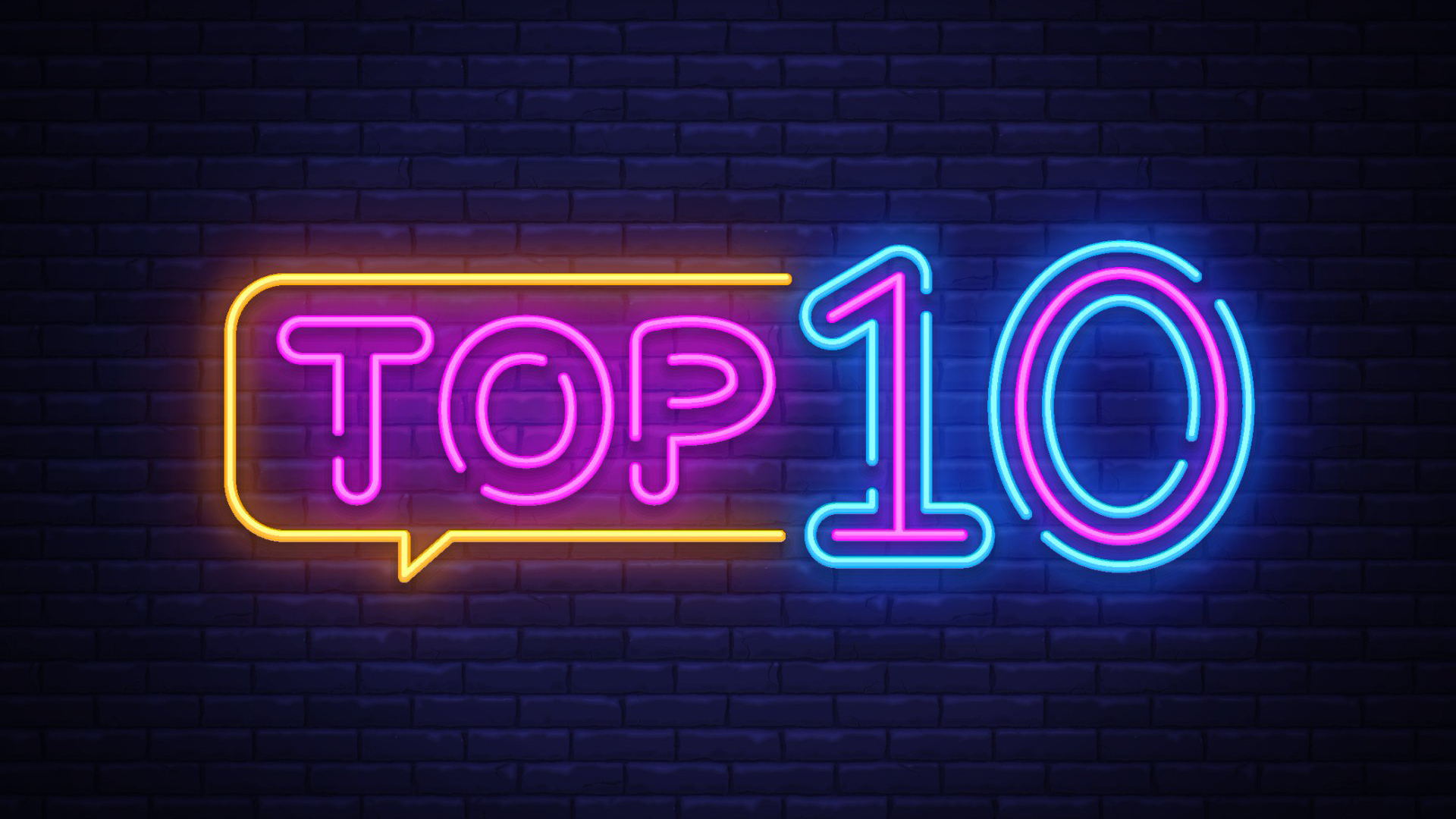 Graphic of a neon sign on a brick wall that spells Top 10