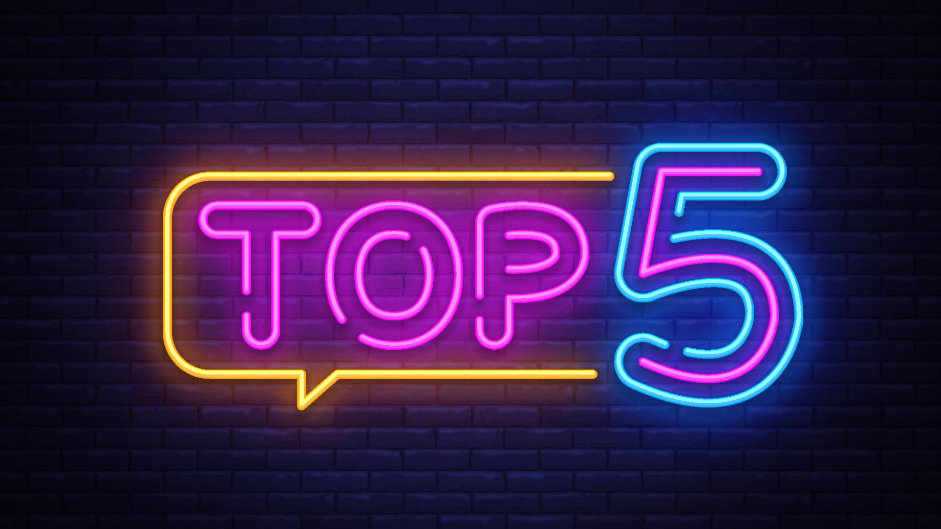 Graphic of a neon sign on a brick wall that spells Top 5