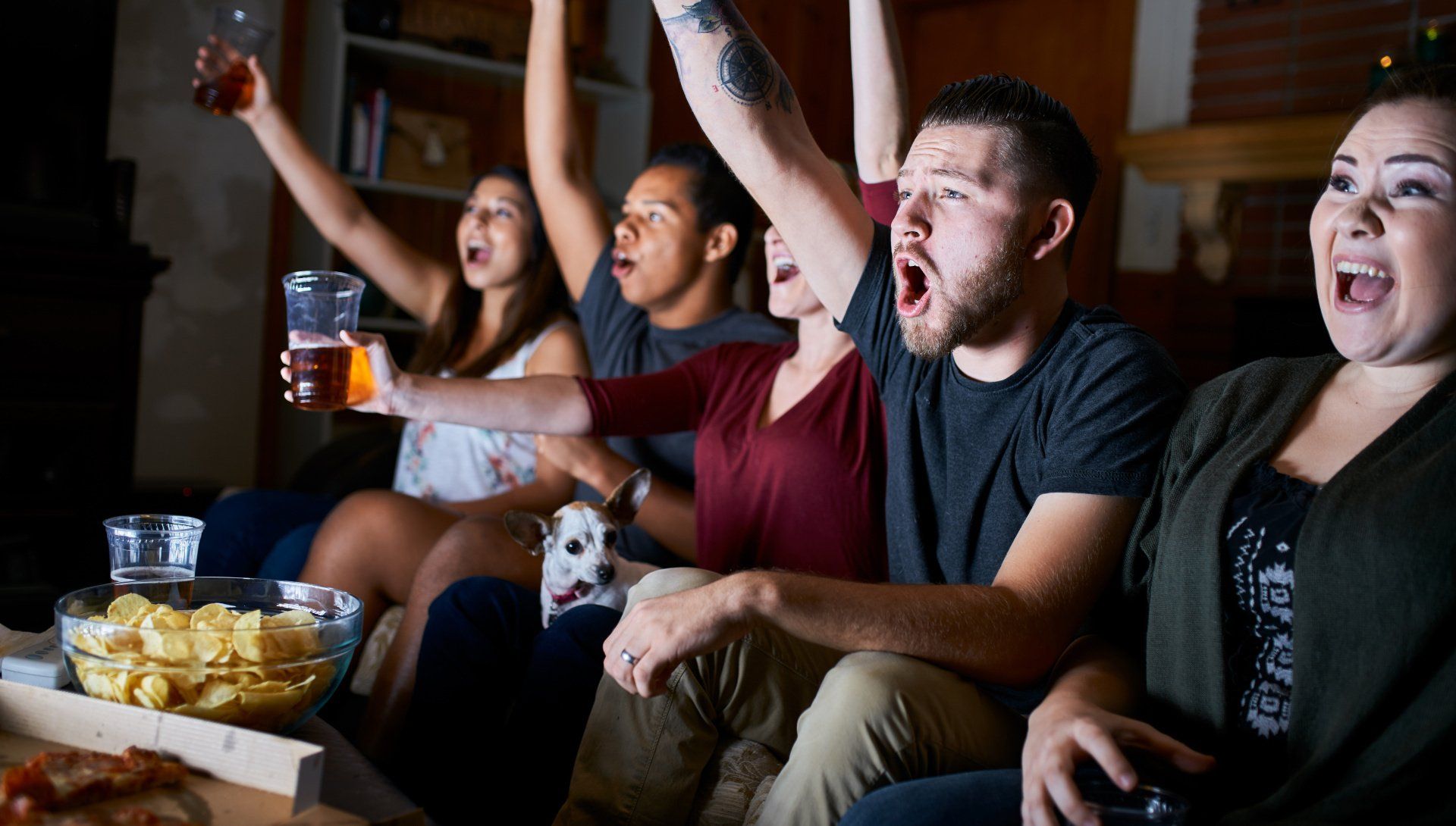 A group of people, sat on sofa holding drinks with raised arms and cheering due to something that they are watching.