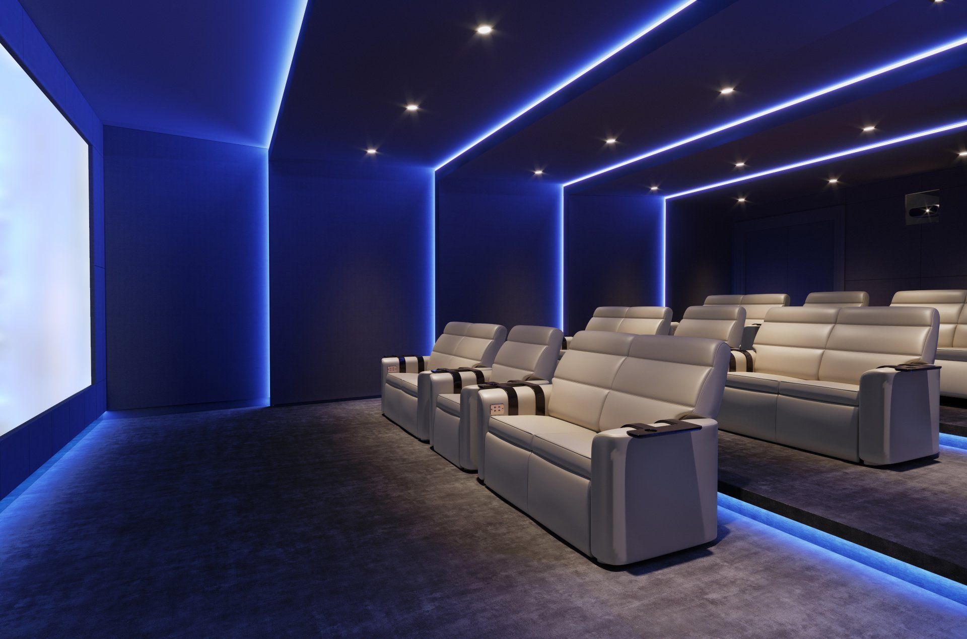 a cinema room with 3 rows of seats