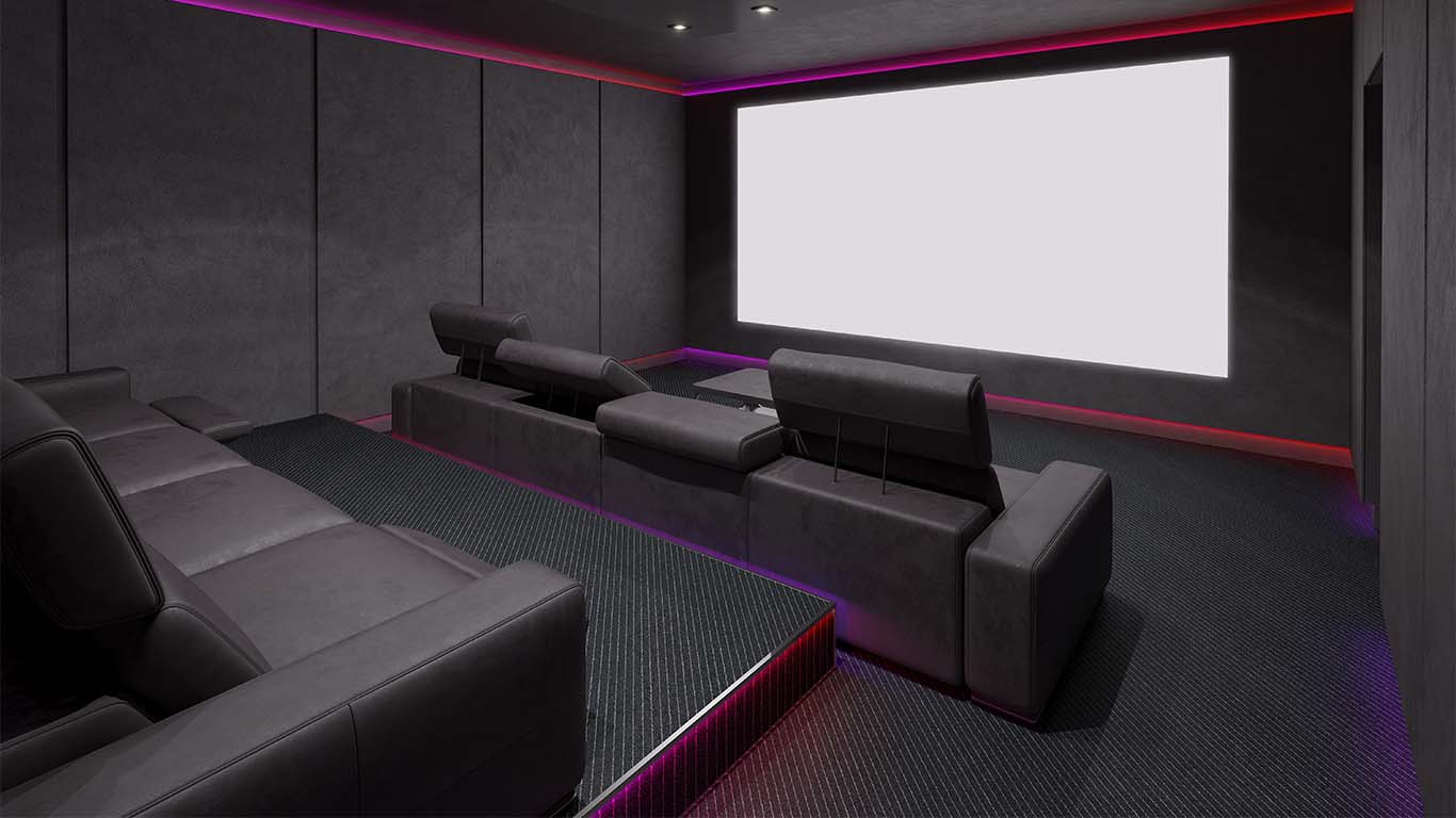 Image of a home cinema room from the rear corner