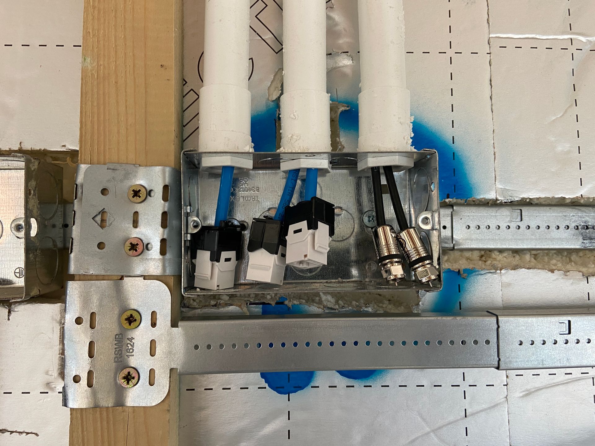 A photo of 3 x CAT6A data points and 2 x HD Coaxial Cables as part of a TV point