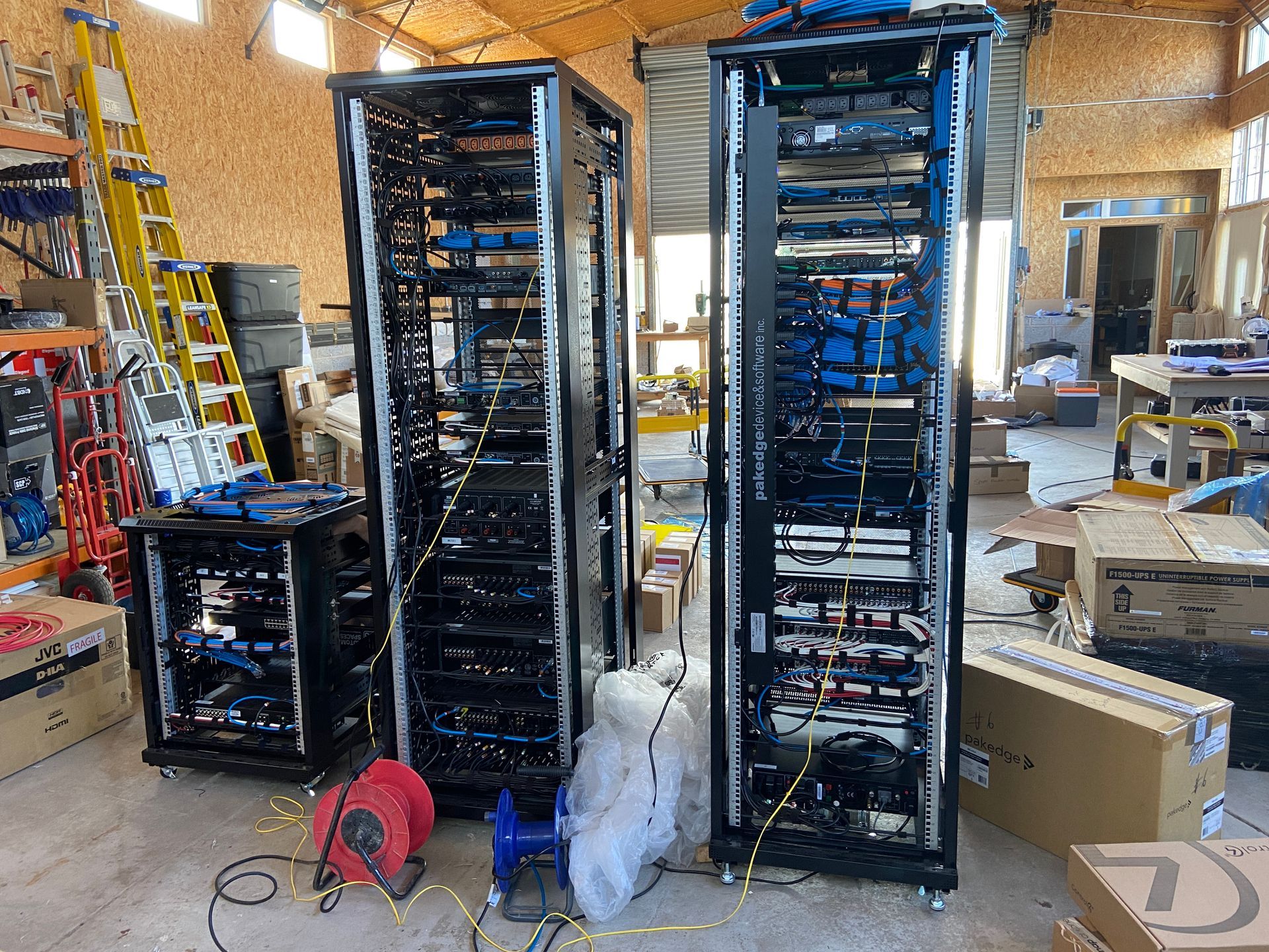 Photo of soak testing equipment in servers racks in our workshop