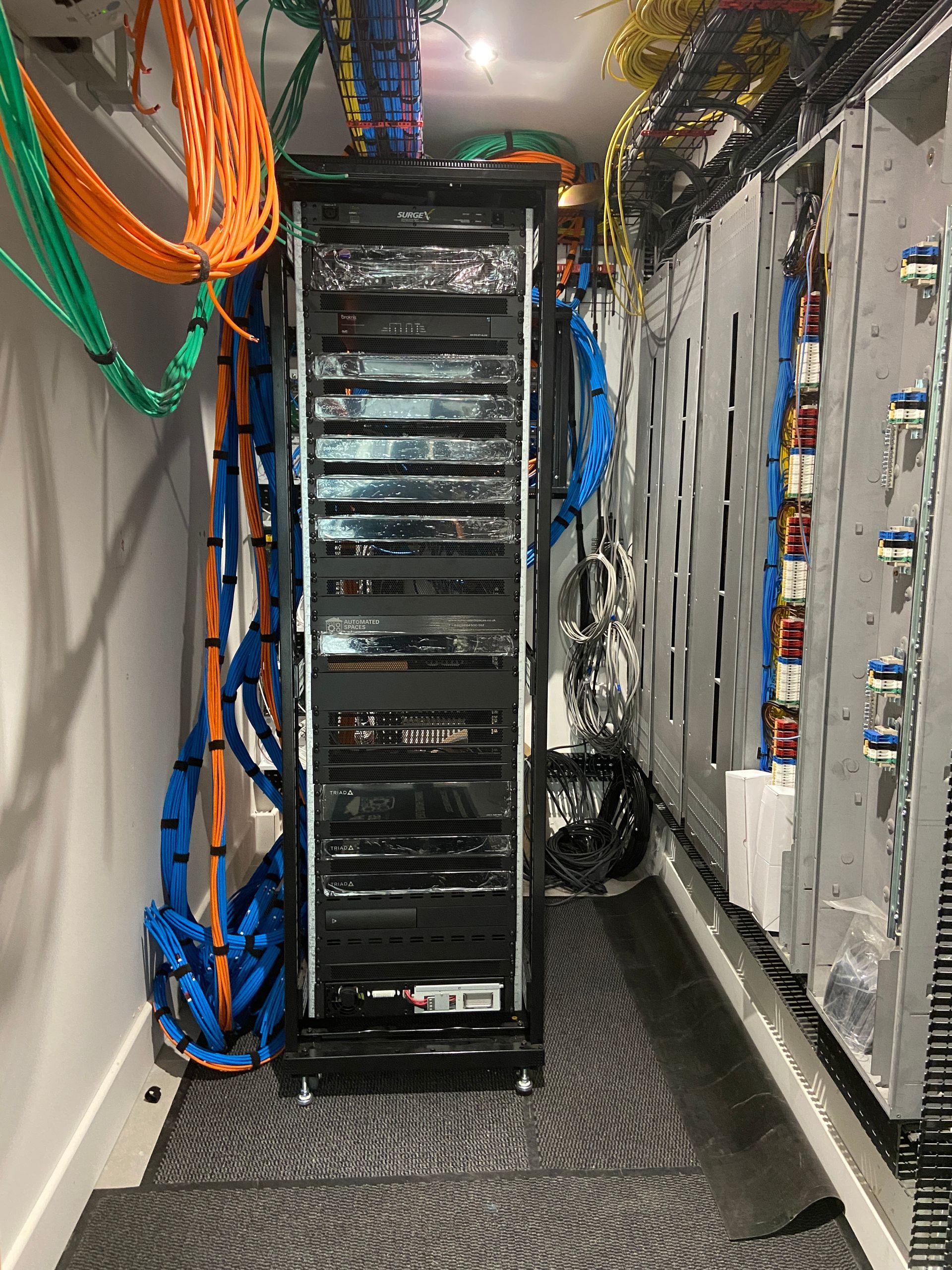 Photo of Server rack that contains main networking equipment and multi-room room equipment