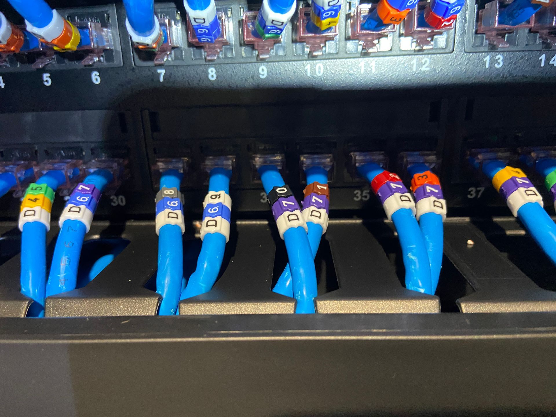 Photo of Installation & termination of patch cables from server racks into patch patch with cable label identification markers