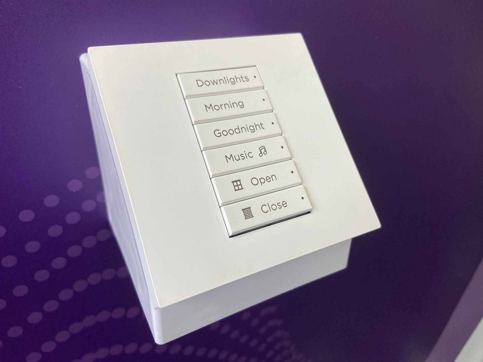 Photograph of Control4 Wireless Light Switch with contemporary faceplate and custom engraved buttons