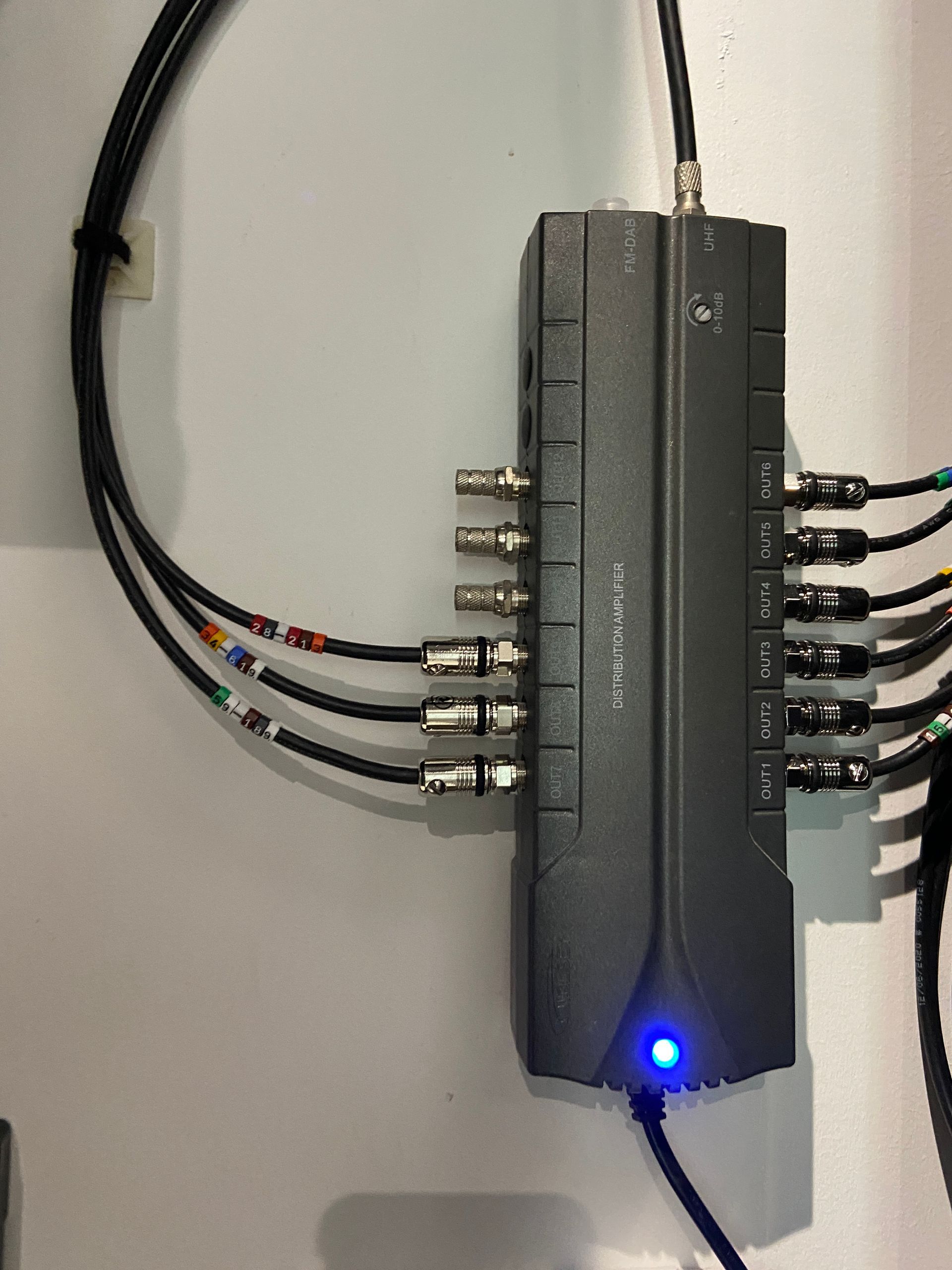 Photo of TV antenna splitter with HD coaxial cables and cable indentification markers 