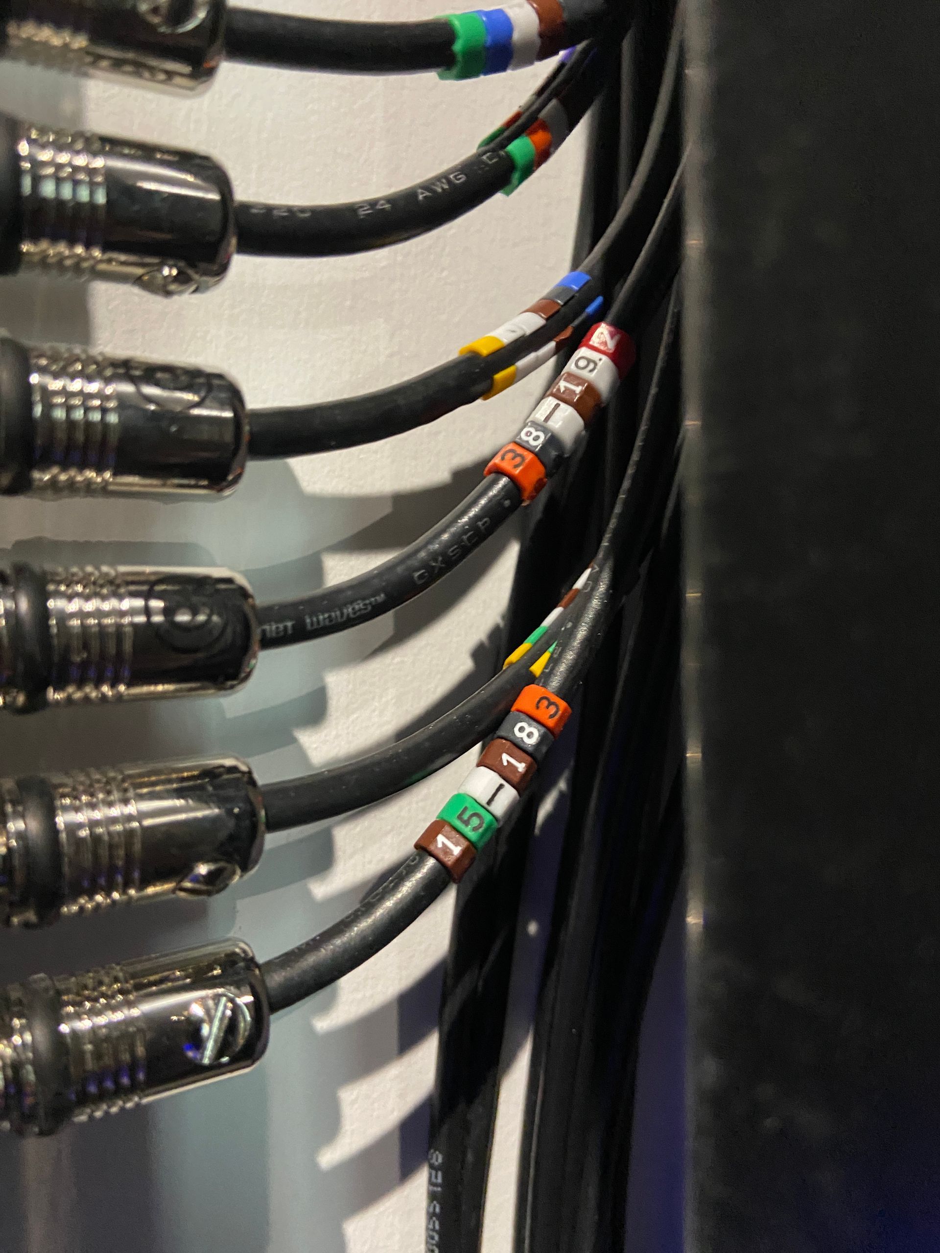 Photo of TV antenna splitter with HD coaxial cables and cable indentification markers 