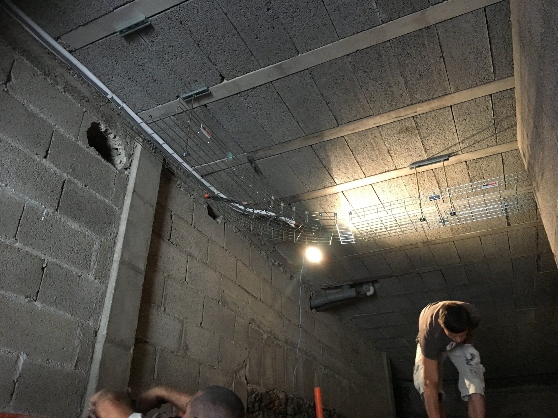 Photograph of workers installing basket tray on ceiling