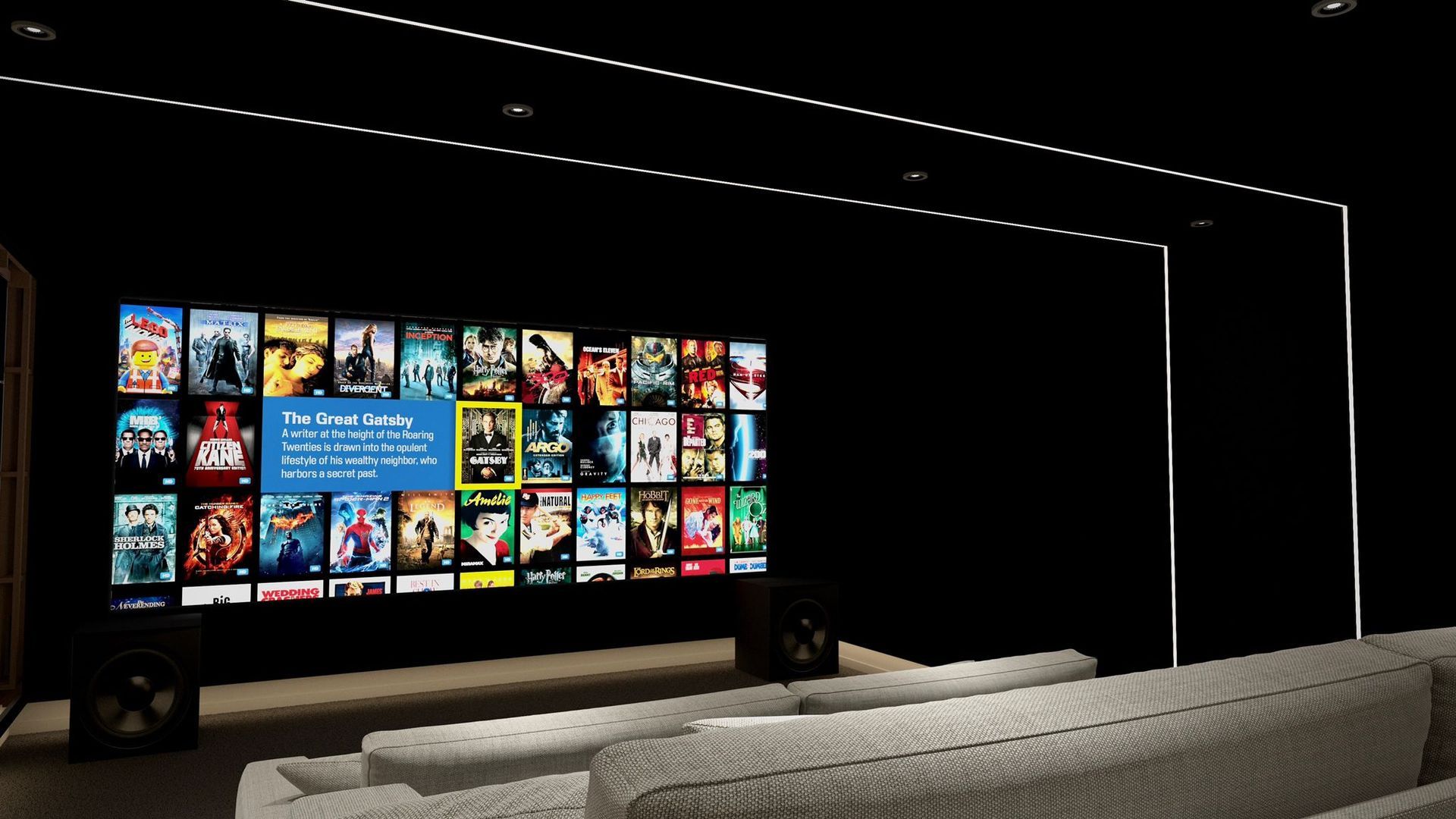 Home theater with a large screen displaying movie covers, black walls, and a white sofa.