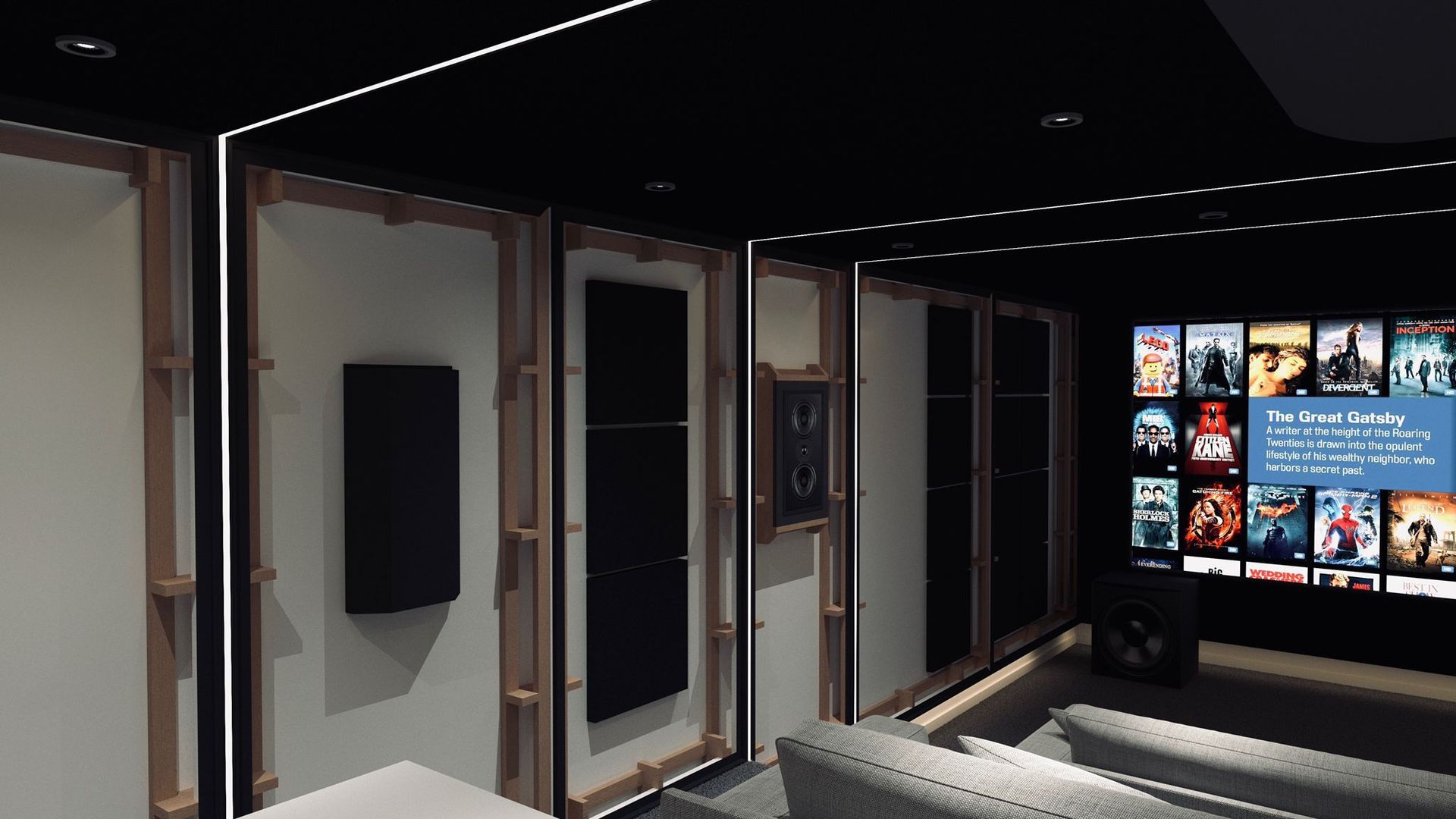 Render of left wall of cinema room prior to installation of fabric wrap