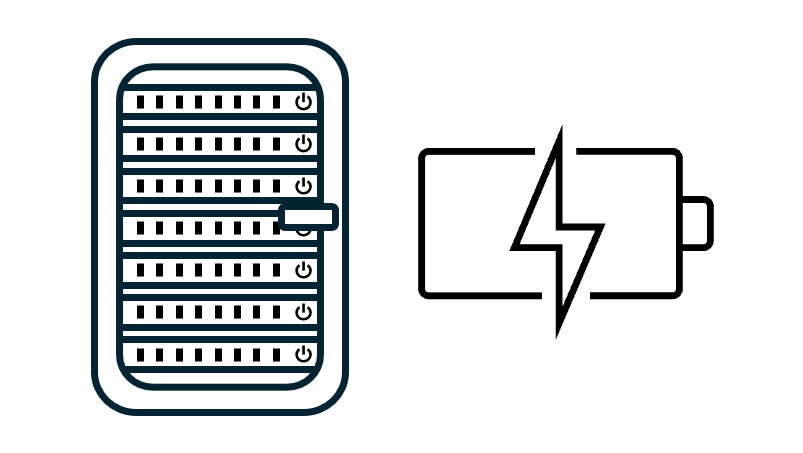 Icons of a server rack and charging battery icon.