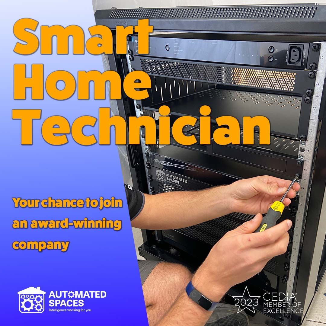 Smart Home Technician ad: Hands working on a rack of equipment. Text on blue and yellow background.