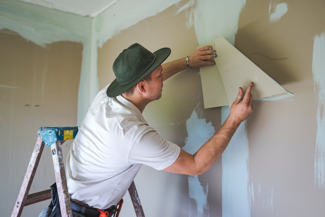 A man is standing on a ladder peeling wallpaper from a wall.