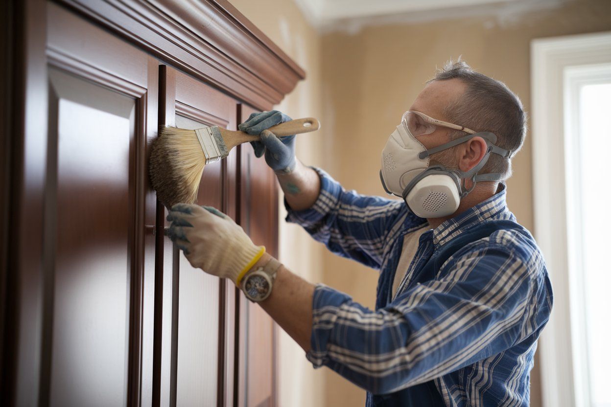 A man wearing a mask and gloves is painting a wooden cabinet.